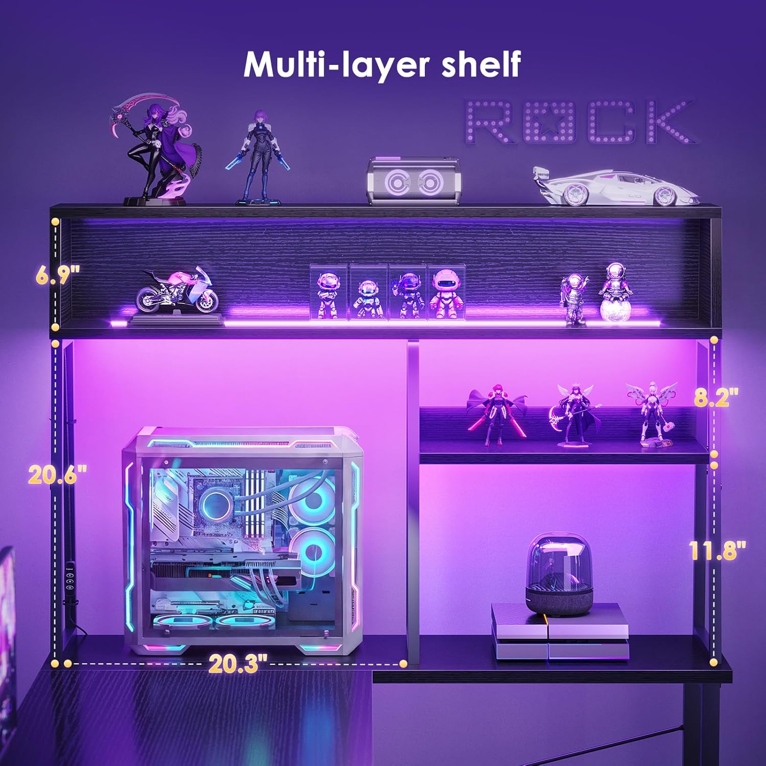 Close-up view of the multi-layer display shelves on the gaming desk, showing a computer tower and various decorative items with purple LED lighting.