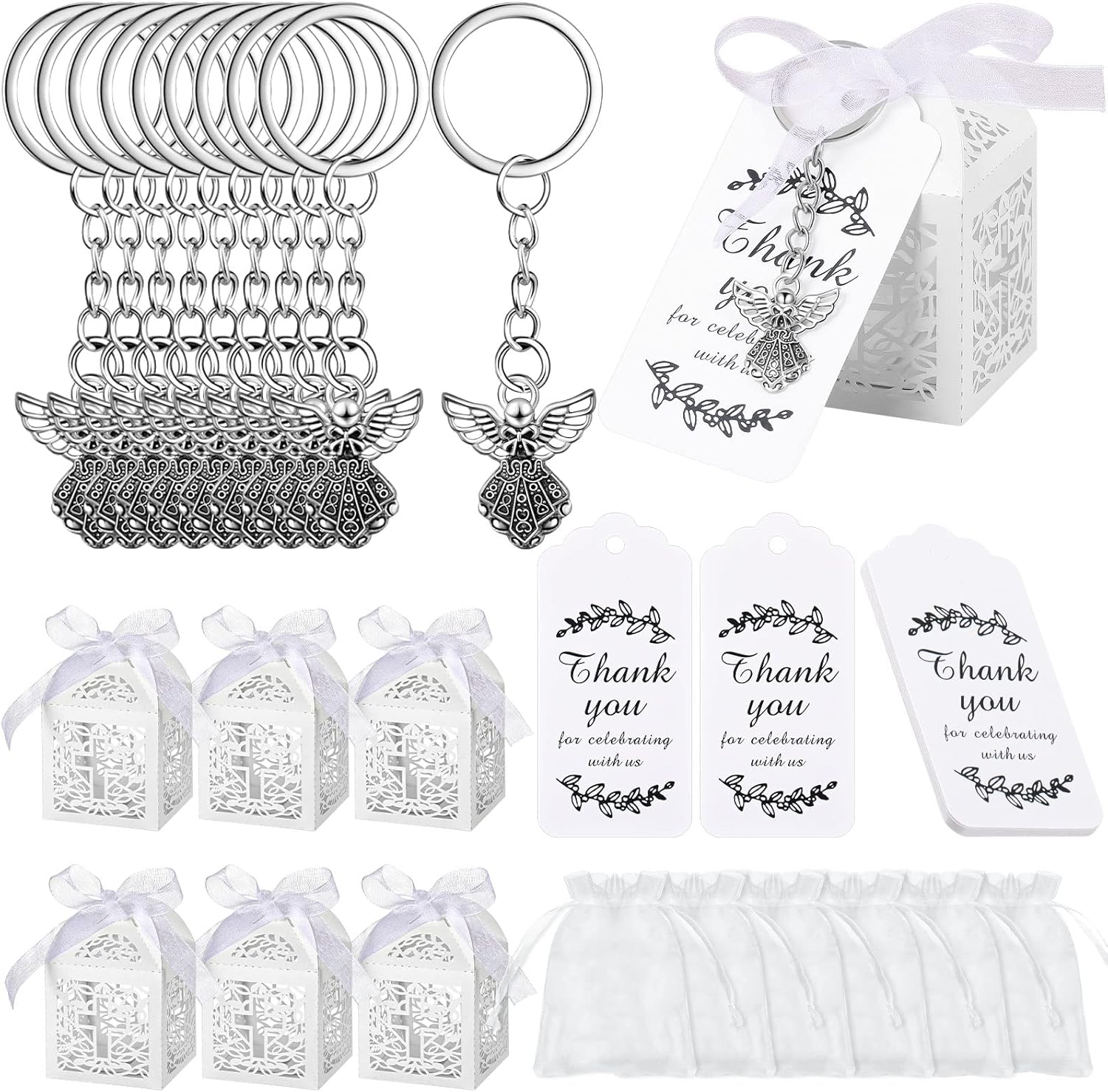 Bonuci 120 Pieces Recuerdos De Bautizo Baptism Party Supplies Angel Keychain Pendant First Communion Party Boxes White Organza Bags with Drawstring Thank You Tags for Guests Shower, 30 Sets