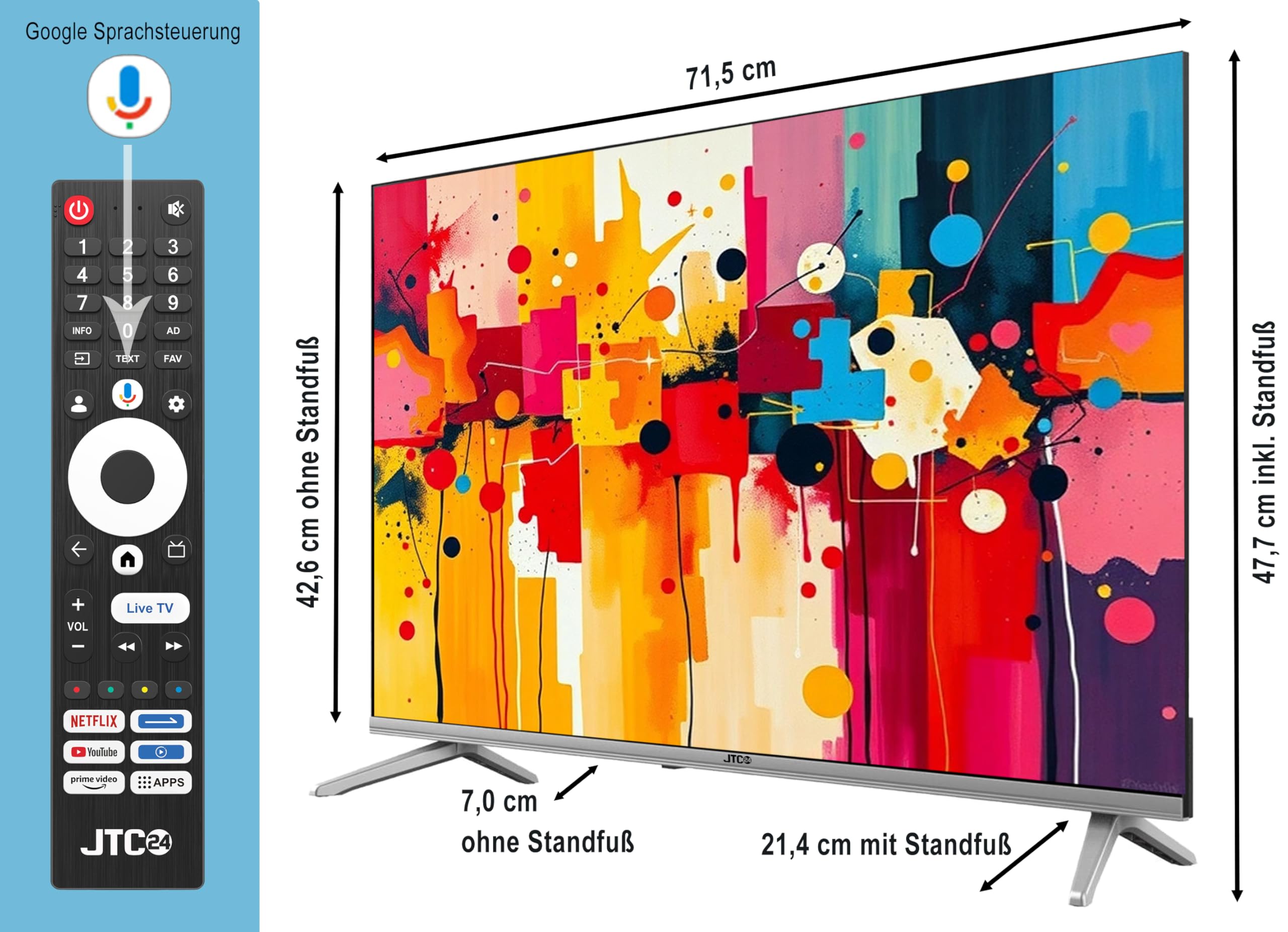 32" (32 Zoll/80 cm) QLED Smart TV/Fernseher JTCSQ32H39330G, Google TV, Android OS, Play Store, Google Sprachsteuerung, Triple Tuner, Bluetooth