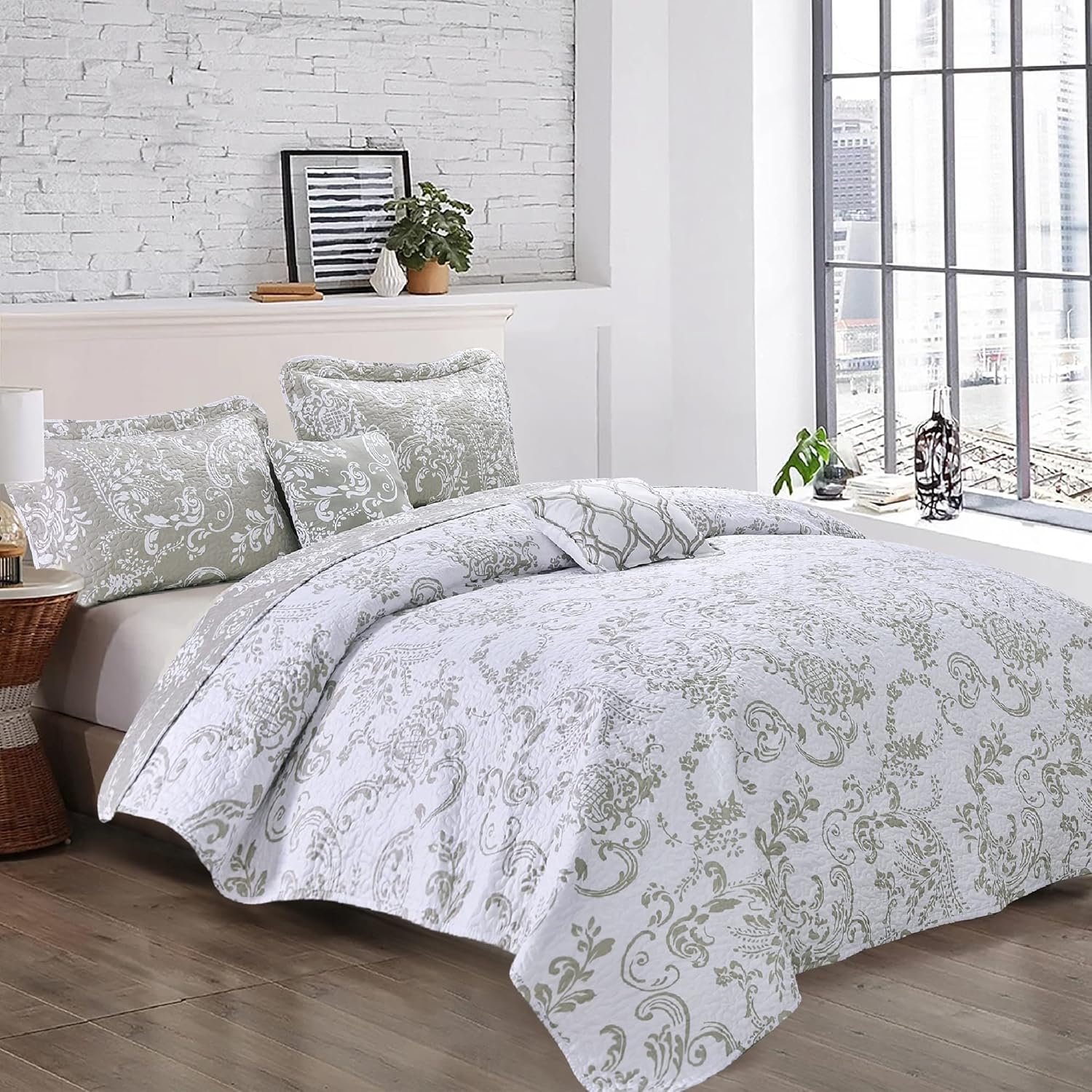 HESTIN 5 Piece Boho King Size 102" x 90" Reversible Bedspread Quilted Coverlet with Floral Design, Oatmeal (Curtains Not Included)