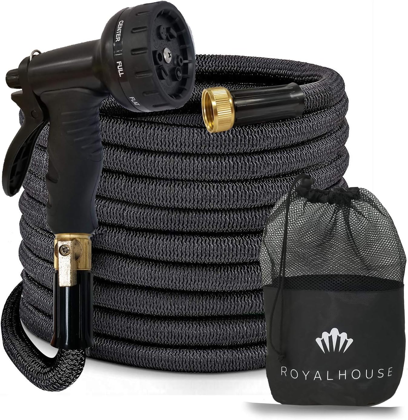 ROYALHOUSE 75 FT Black Expandable Garden Hose Water Hose with 9-Function High-Pressure Spray Nozzle, Heavy Duty Flexible Hose - 3/4" Solid Brass Fittings Leak Proof Design