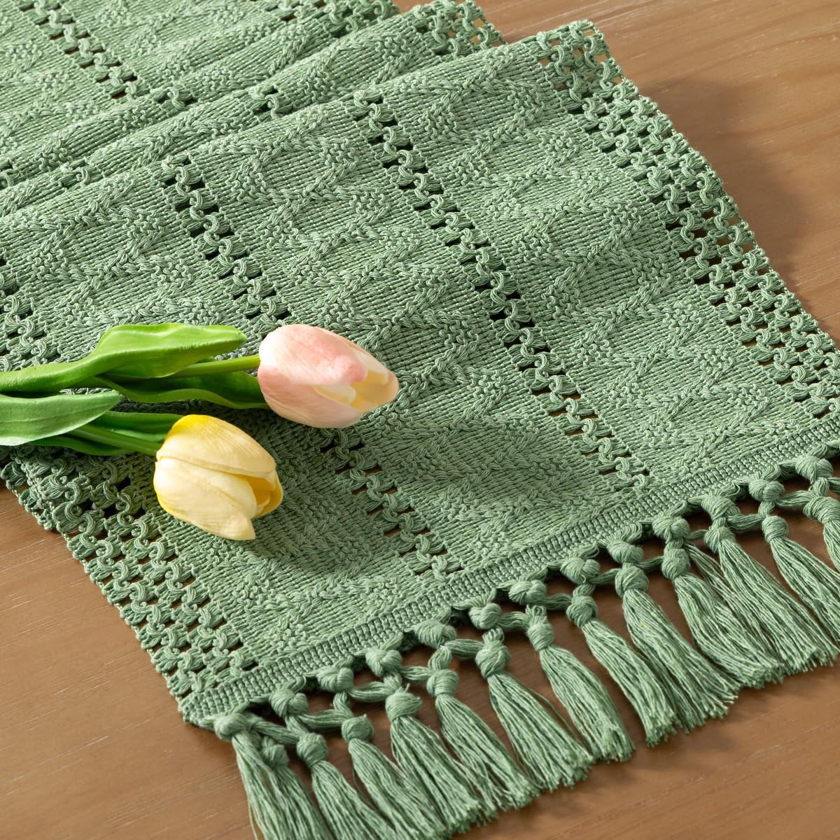 Socomi Sage Green Boho Table Runner Easter Spring Farmhouse Rustic Dining Kitchen Centerpiece Decor Small Macrame Woven Cotton Linen Coffee Table Runner for Dresser Scarf Home Decor 12x60 inch