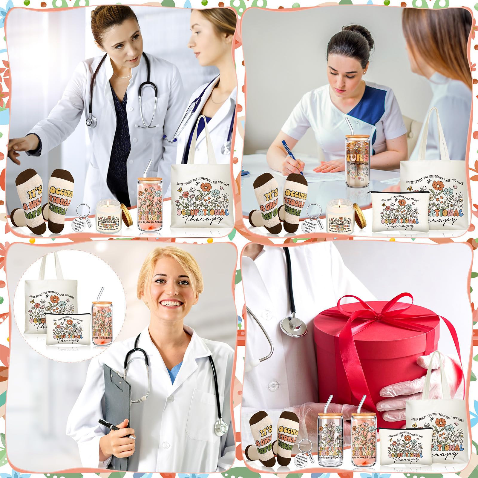 Funnymoom 6 Pcs Occupational Therapy Appreciation Gifts for Women Thank You OT with17 oz Glass Cup Canvas Tote Makeup Bag Valentine's Day Birthday Gifts Set for Occupational Therapist
