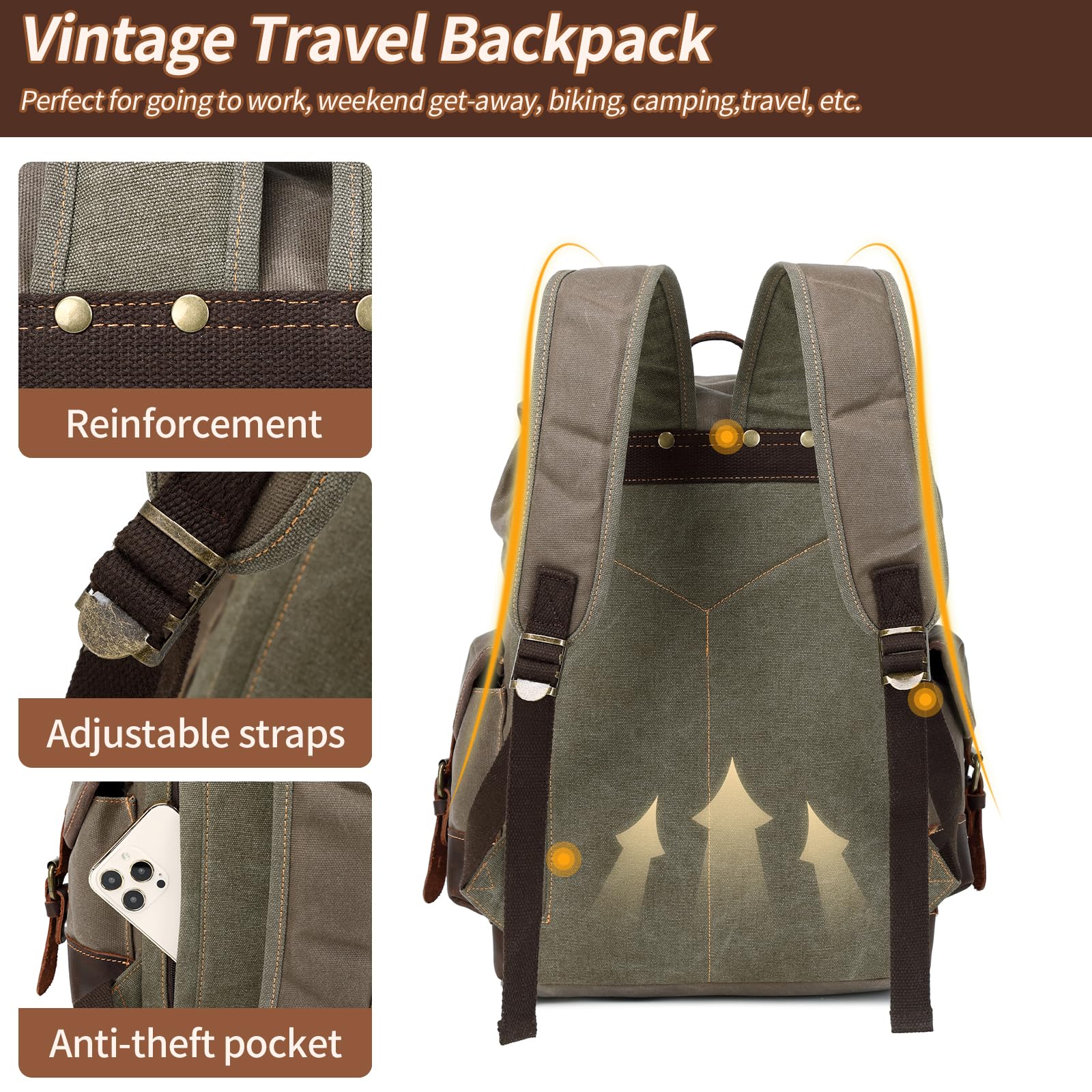 Wogarl Zaino in pelle da uomo, in tela cerata, stile vintage, per lavoro, università, viaggi, escursionismo, con borsa da toilette (verde militare), verde scuro, Medium, Tempo libero
