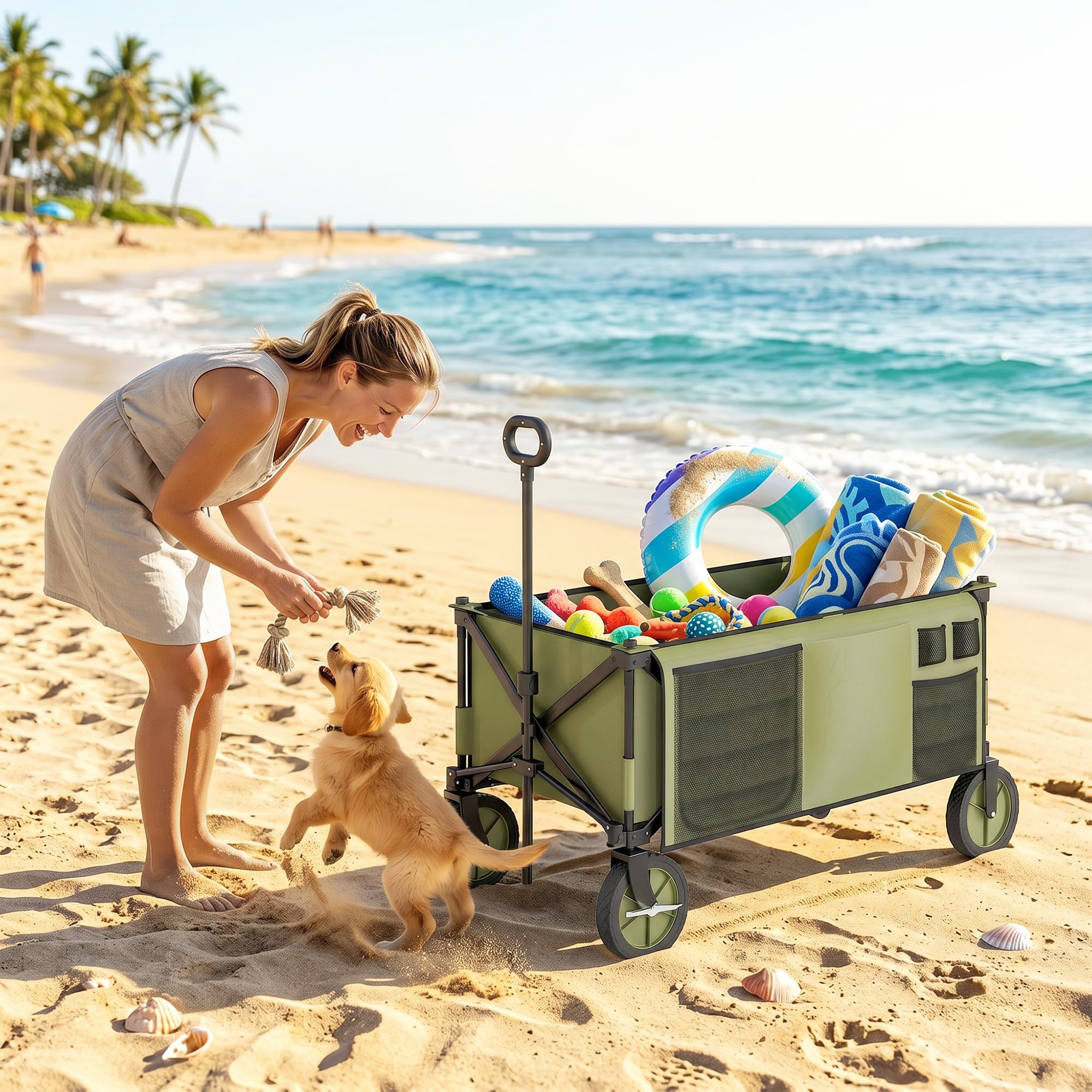 Outsunny Carro Plegable de Jardín con Ruedas Carro para Playa con Mango Telescópico Tablero Plegable 5 Bolsas Marco de Acero Carga 100 kg para Compra Patio 108x55x93 cm Verde