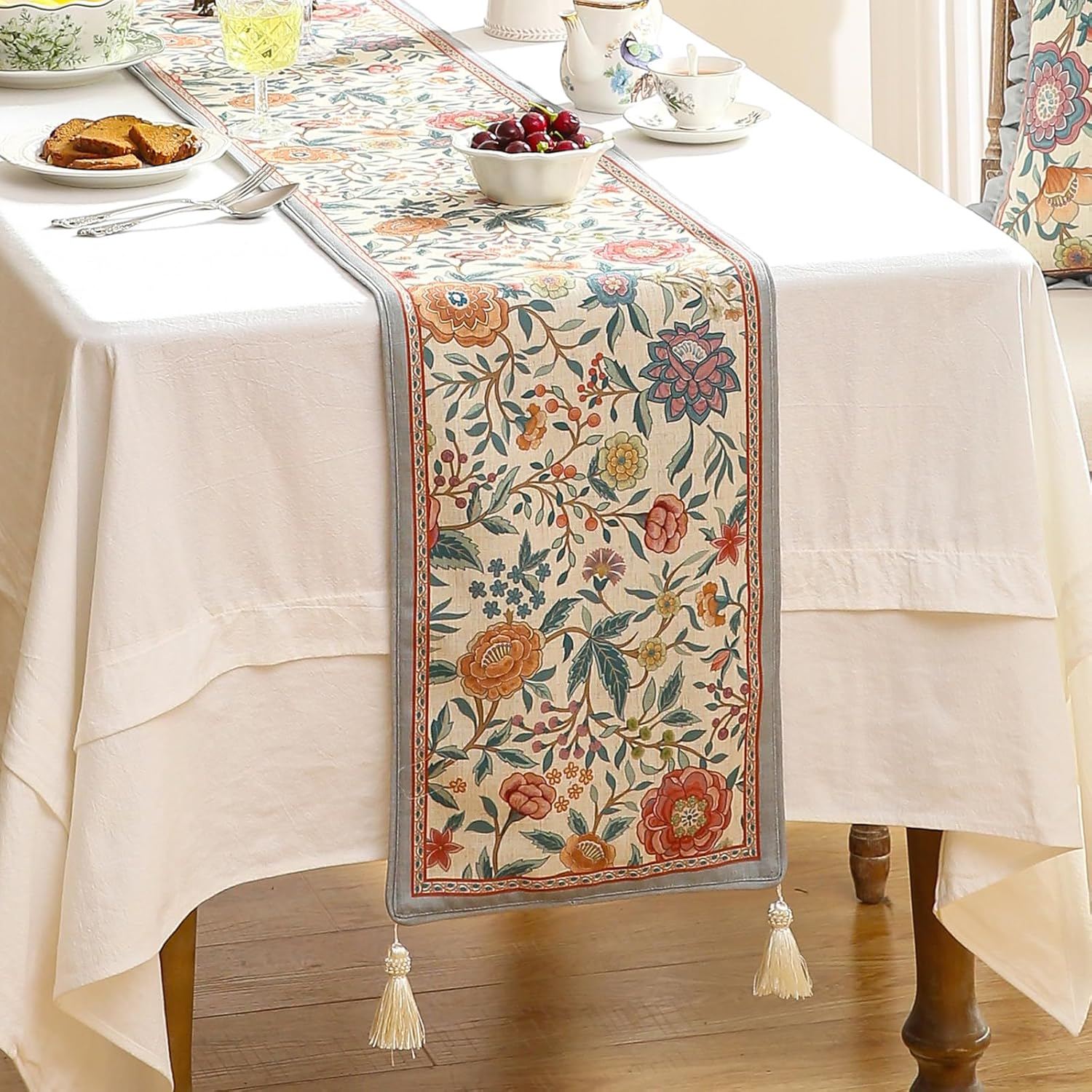 Floral Linen Small Table Runner 63 Inches Long,Wrinkle-Resistant Rustic Farmhouse Decor,Luxury Vintage Runner Table Cloth Accent for Coffee & Dining Table,12"x63" - Flowershadow