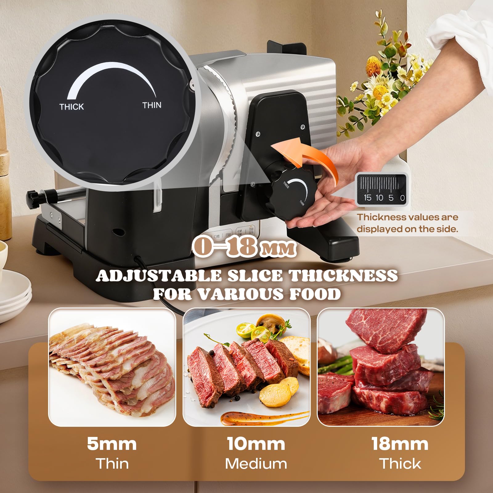 Moongiantgo Affettatrice Elettrica da Casa, Affettatrice Professionale con Blocco di Sicurezza, Spessore Regolabile 0-18mm, 2x Lama in Acciaio Inox da 19cm per Carne/Pane/Formaggio/Verdura (200W)