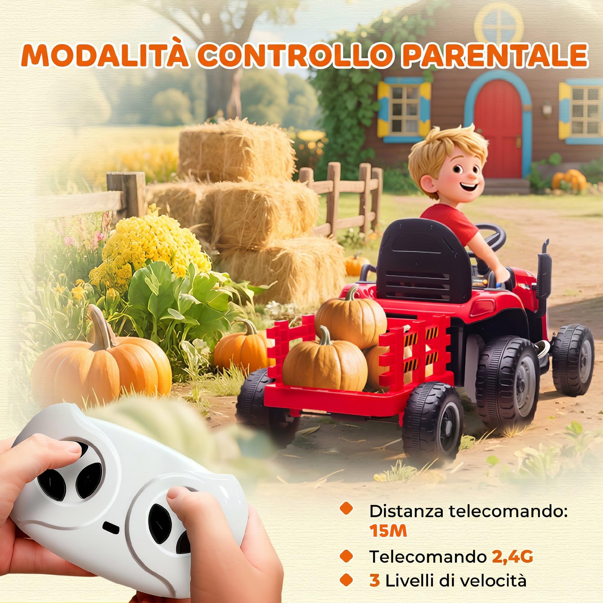 AIYAPLAY 2 in 1 Trattore Elettrico per Bambini 12V con Rimorchio Rosso | 3-8 Anni, Rimorchio Staccabile, Auto Elettrica Cavalcabile per Bambini, Telecomando, Cintura di Sicurezza, Musica, Luci LED