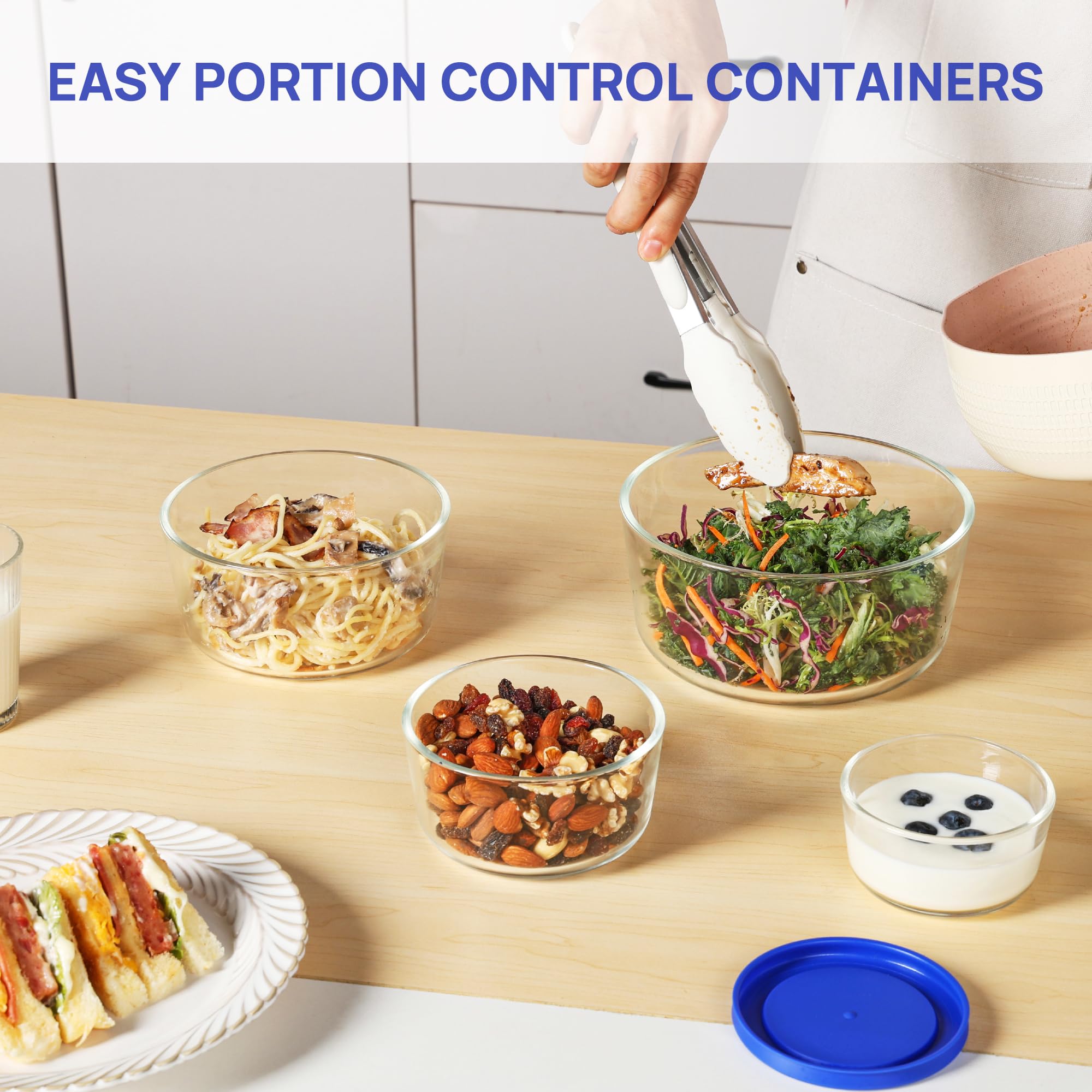 Paquete de 4 cuencos de vidrio con tapas (1, 2, 4, 7 tazas), recipientes de almacenamiento de alimentos, preparación de comidas y sobras, contenedor de almuerzo, apto para microondas, 3