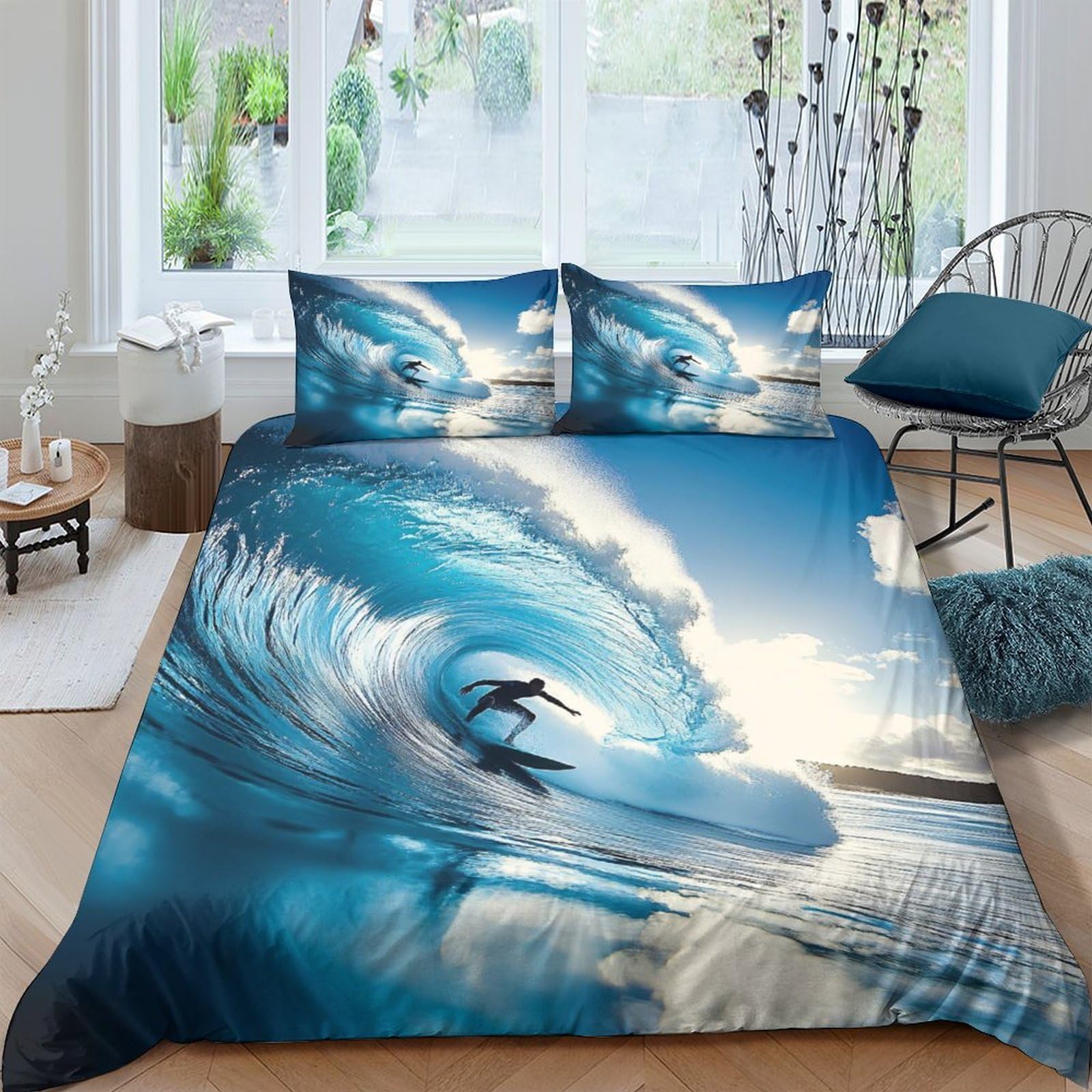 Ctjqhvkz Style-2 3D Printed Ocean Wave Fitted Sheet Microfiber Soft Anti-Slip Surfer Bed Cover For Bedroom Guest Room Dorm Decor Single（135X200cm）