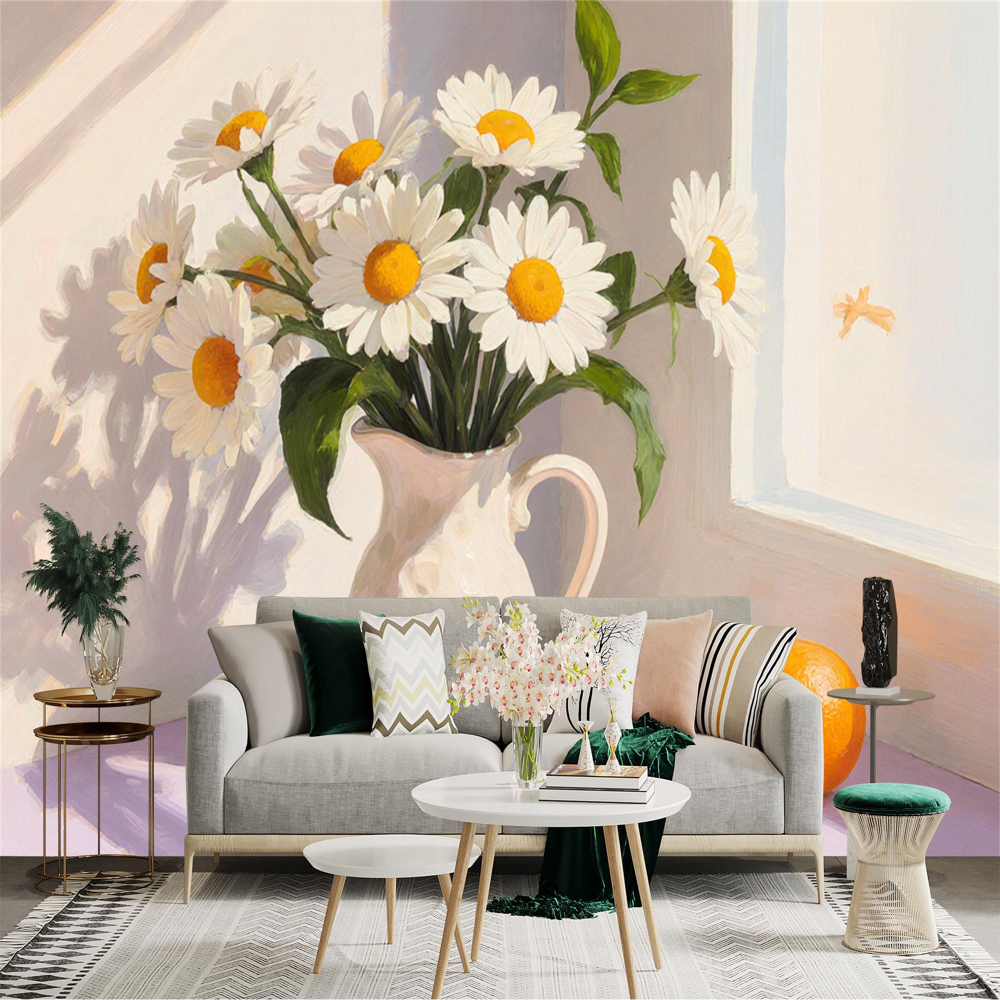 Custom Size Wall Sticker Mural， White Daisies in Ceramic Pitcher， Fresh Oranges on Tabletop， Still Life Oil Painting Style， for wall Decoration， peelandstick wall Decals.