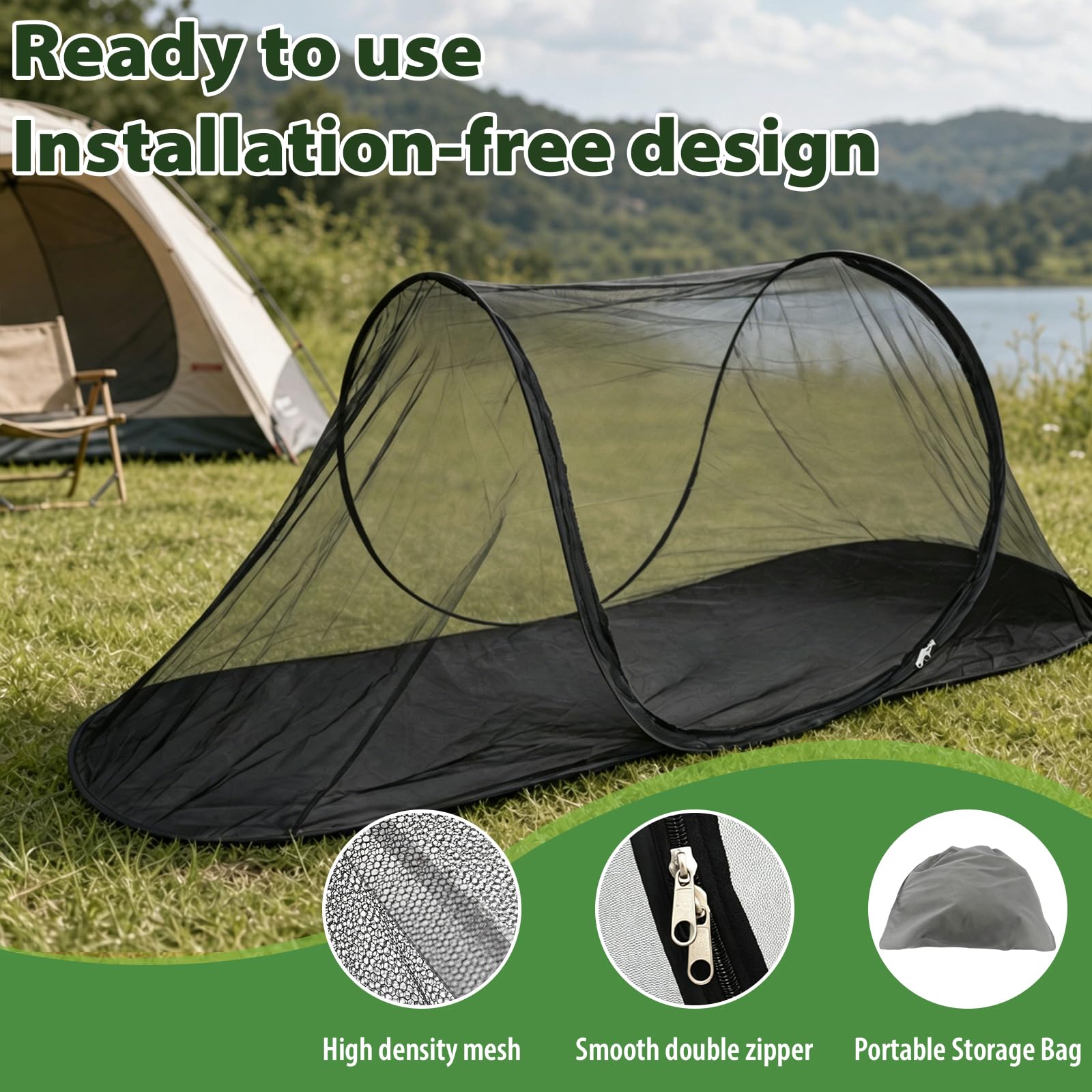 Moustiquaire Lit, FainFun Moustiquaire Pop Up Exterieur, Tente Extérieure Portable, Lit de Maison Portable, pour Le Voyage, en Camping et à la Maison (Noir, 200 x 70 x 72 cm)