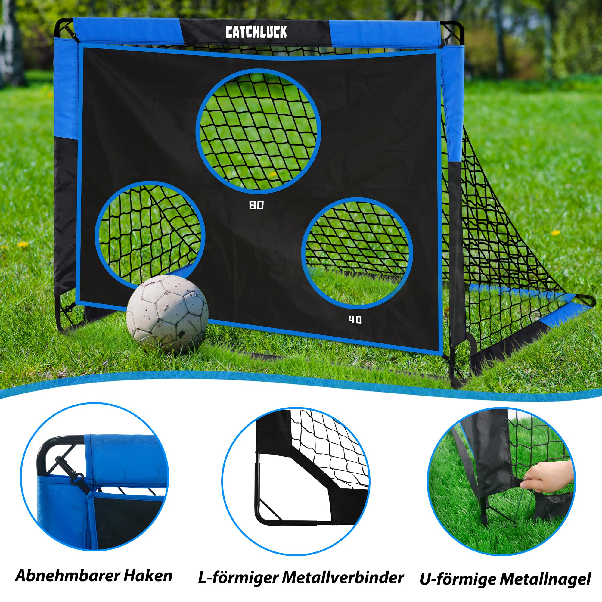 CATCHLUCK But De Foot Enfant Pop-up – 150×120×120 Cm – 2 En 1 (but + Cible) – Tissu Oxford 420D – Avec Sac De Transport, Piquets – Bleu