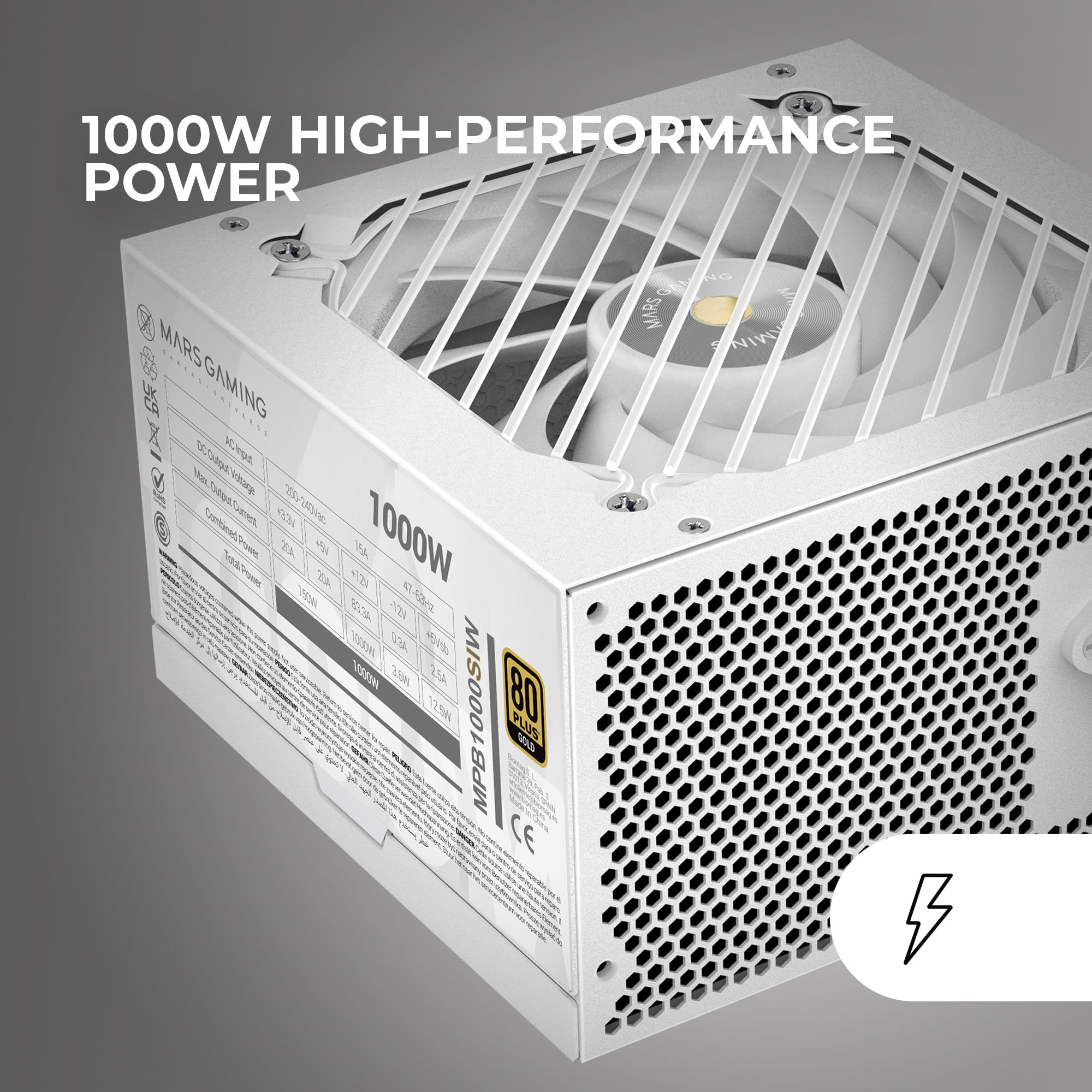 Mars Gaming MPB1000SI, Alimentatore PC ATX 1000W, 7 Anni di Garanzia, 80Plus Gold 90%, Ventola SI Extreme Silence con Nucleo in Rame e Alluminio, Tecnologie AI2-RPM, DC-DC e SMD, Bianco