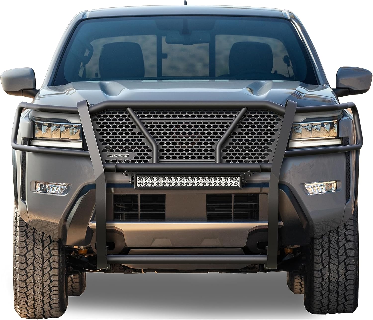 Black Horse RUGGED Heavy Duty Grille Brush Bumper Guard Modular Black Come with 20" Double Row LED Light Compatible with 2022-2024 Nissan Frontier-RU-NIFR22-B-K1