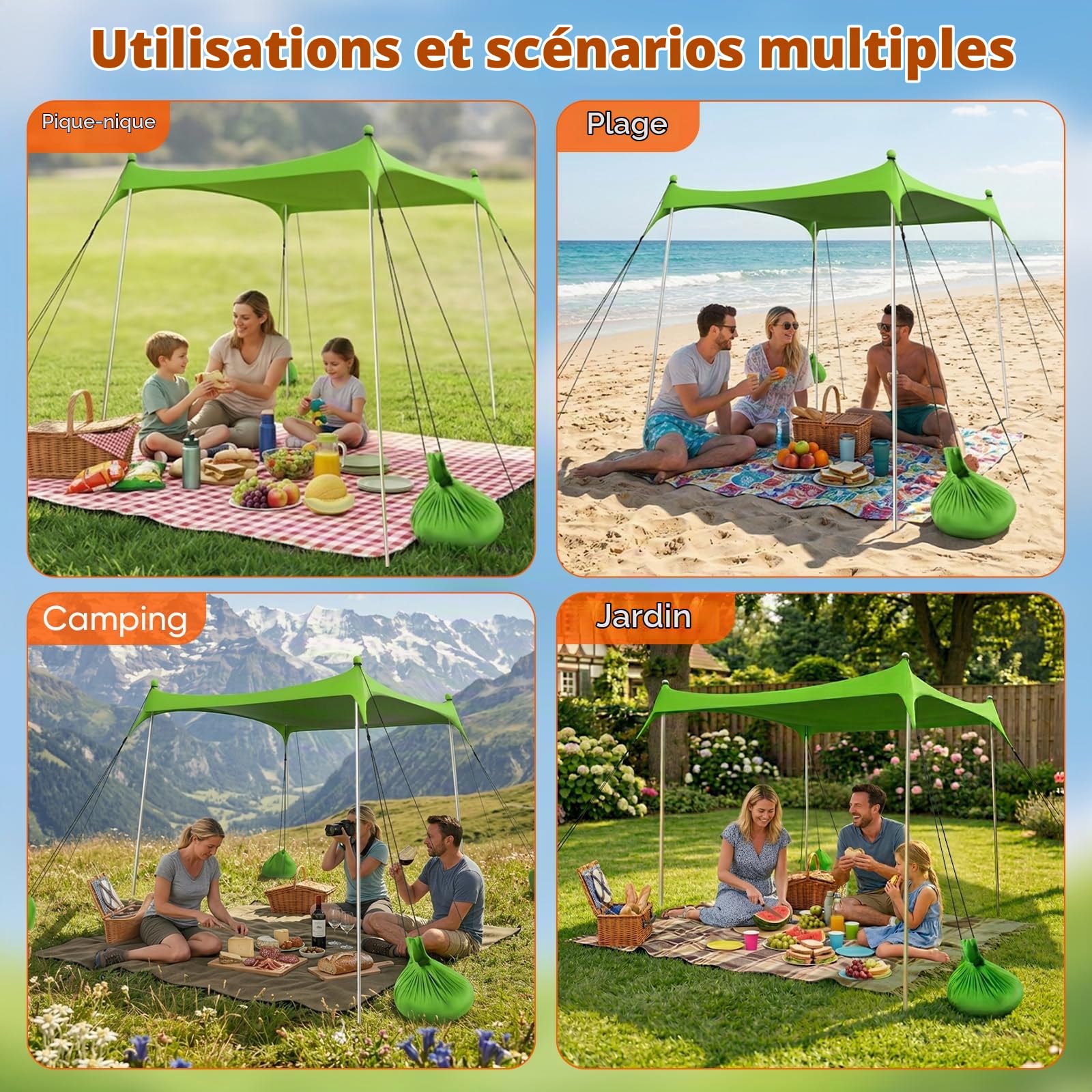 Tente de plage - 2 x 2,1 m - Protection UV UPF50+ - Design octogonal avec 8 piquets et 4 barres renforcées - Tente de plage compacte pour 2 à 3 personnes - Résistante au vent - Pour camping