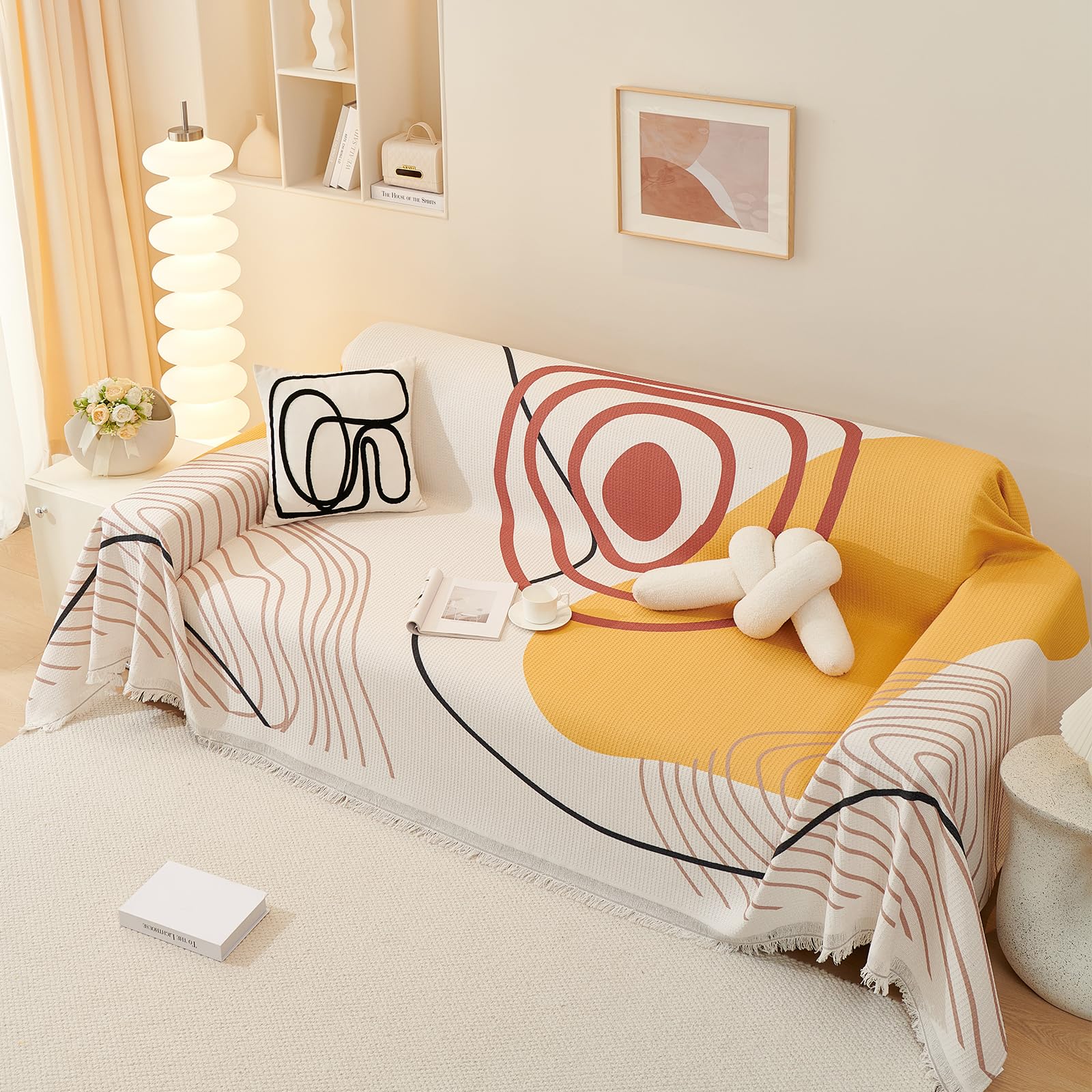 VanderHOME Premium Sofa Throw with Tassels - Waffle Pique Blanket, Breathable, Abrasion Resistant, Crease Resistant, Cat Scratch Resistant, Machine Washable Sofa Blanket 180 * 420cm-Sunrise