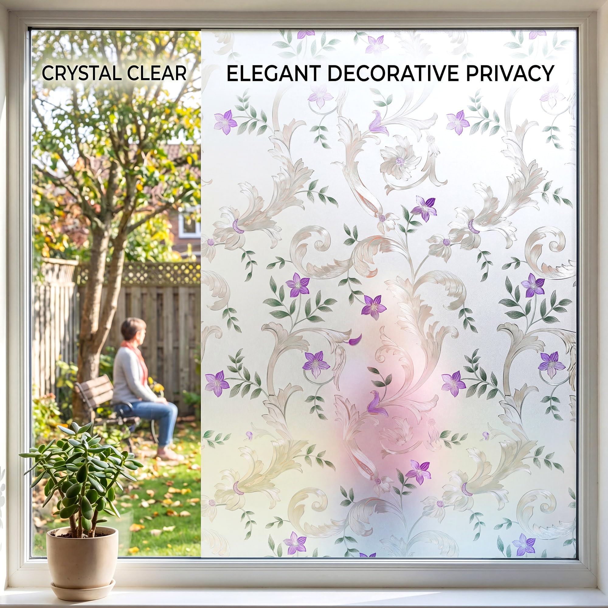 Dekorative Fensterfolie, geätztes Blumenmuster, Privatsphäre, Türfolie, statische Haftfolie, kein Kleber, Buntglas, Anti-UV-Fensterpapier für Badezimmer, Büro, Schlafzimmer, 88.9 x 398.8 cm