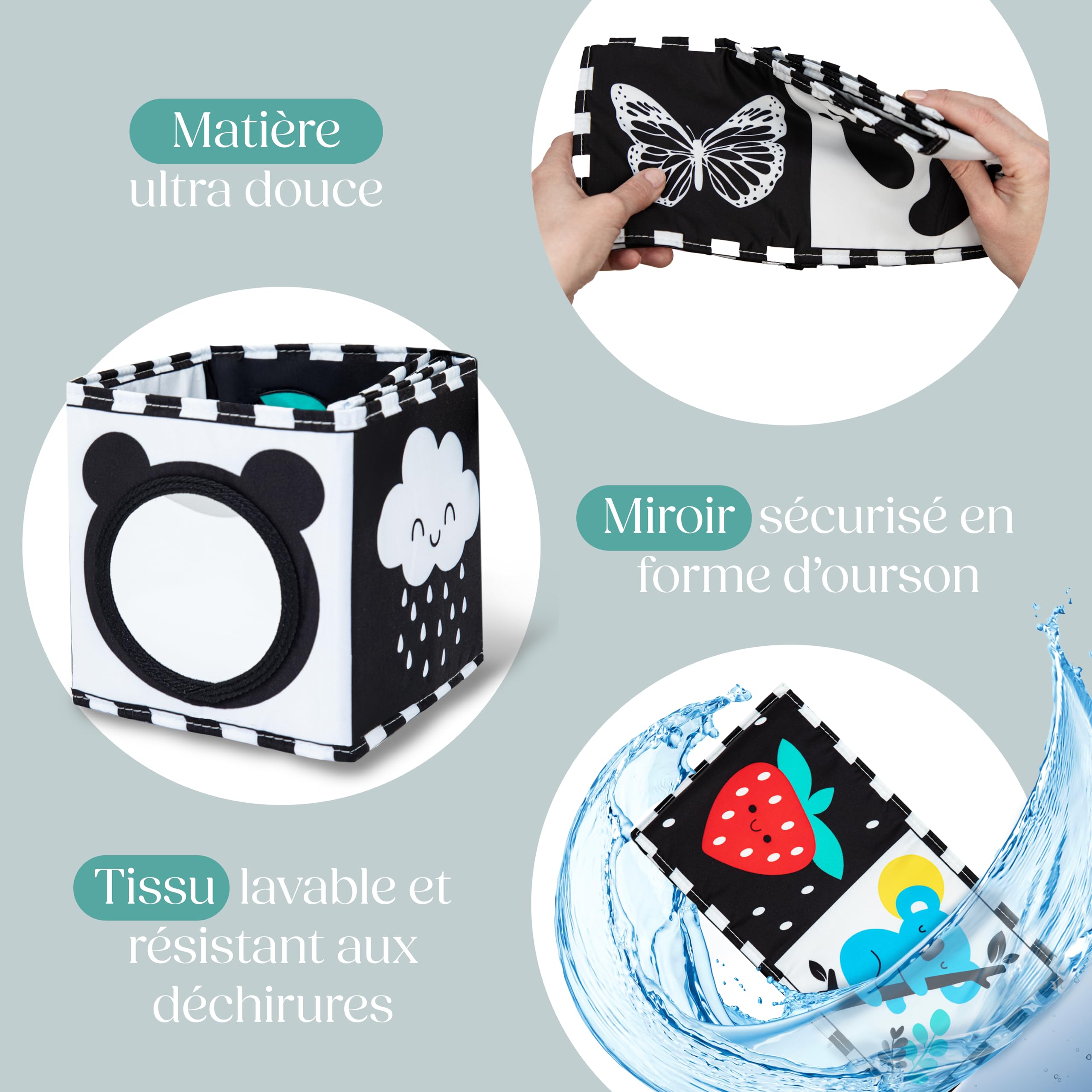 WELLODE Livre Tissu Bébé Eveil 0 3 6 12 Mois - Livre Noir et Blanc Bébé Montessori - Livre Sensoriel Bébé Naissance - Jeux Eveil Bebe 0 3 6 Mois - Tummy Time Bébé - Cadeau Parfait pour Bébé