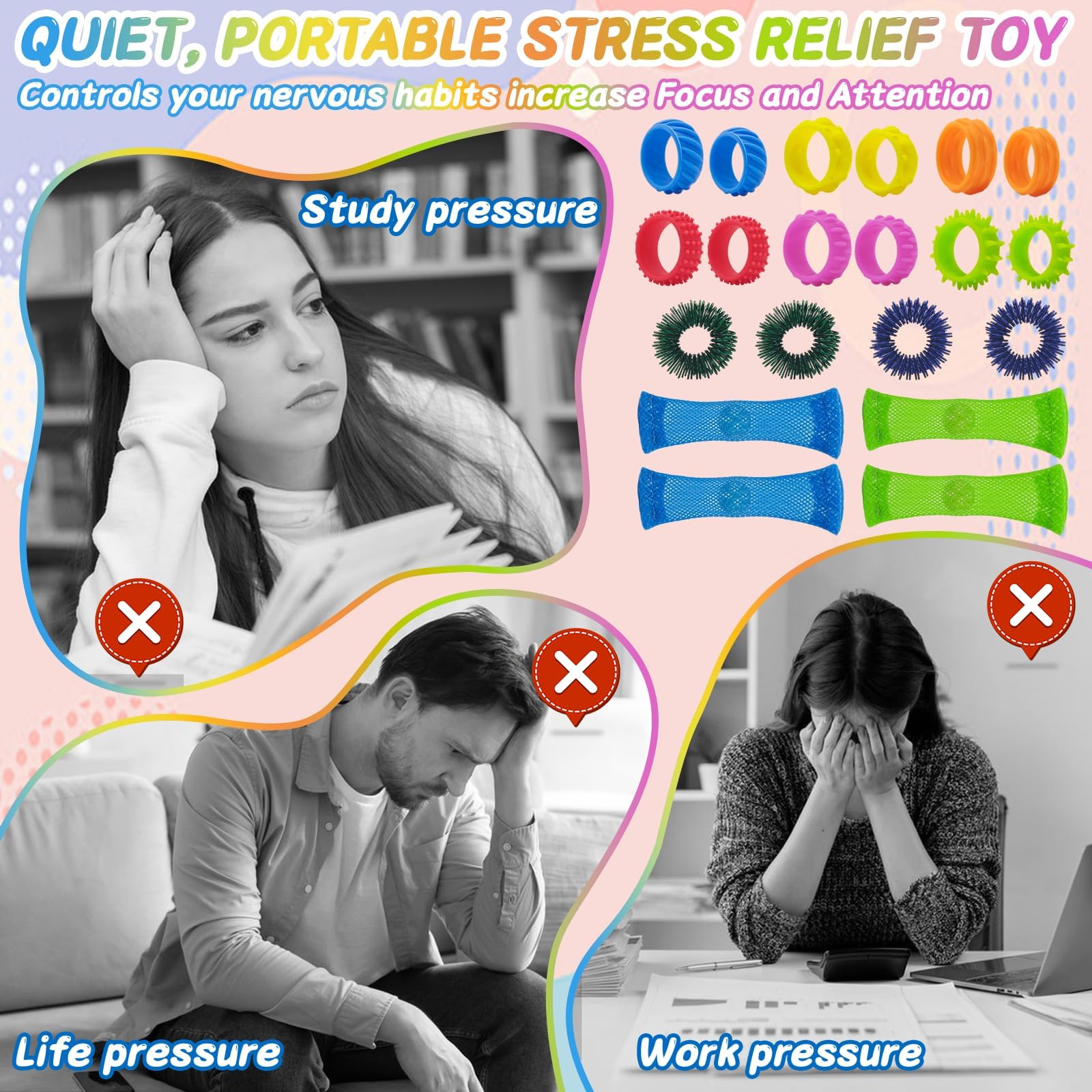Set De 20 Anillos Sensoriales Antiestrés – 12 Anillos Táctiles, 4 De Acupresión Y 4 Tubos De Malla, Juguete Para TDAH Y Autismo, Alivia La Ansiedad En Niños Y Adultos