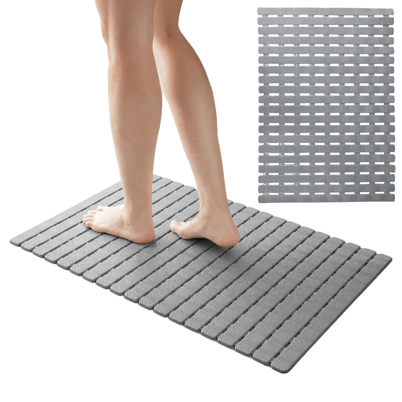 Shower Mat Non Slip Anti Mould - Shower Mat with Non Slip Textured Surface & Suction Cups, Cut-to-Fit Soft PVC Bath Mat Machine Washable for Inside Shower Elderly 70 x 40cm, Grey