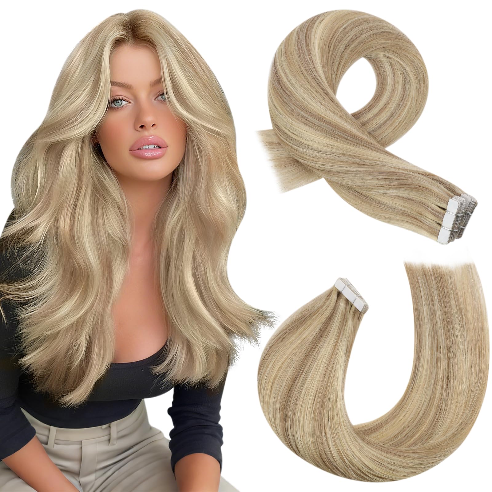 Moresoo Tape in Hair Extensions Human Hair 24 Inch Real Hair Extensions Tape in Dark Honey Blonde with Medium Blonde Remy Straight Hair for Women Natural Looking 20 Pieces/50g #16/22