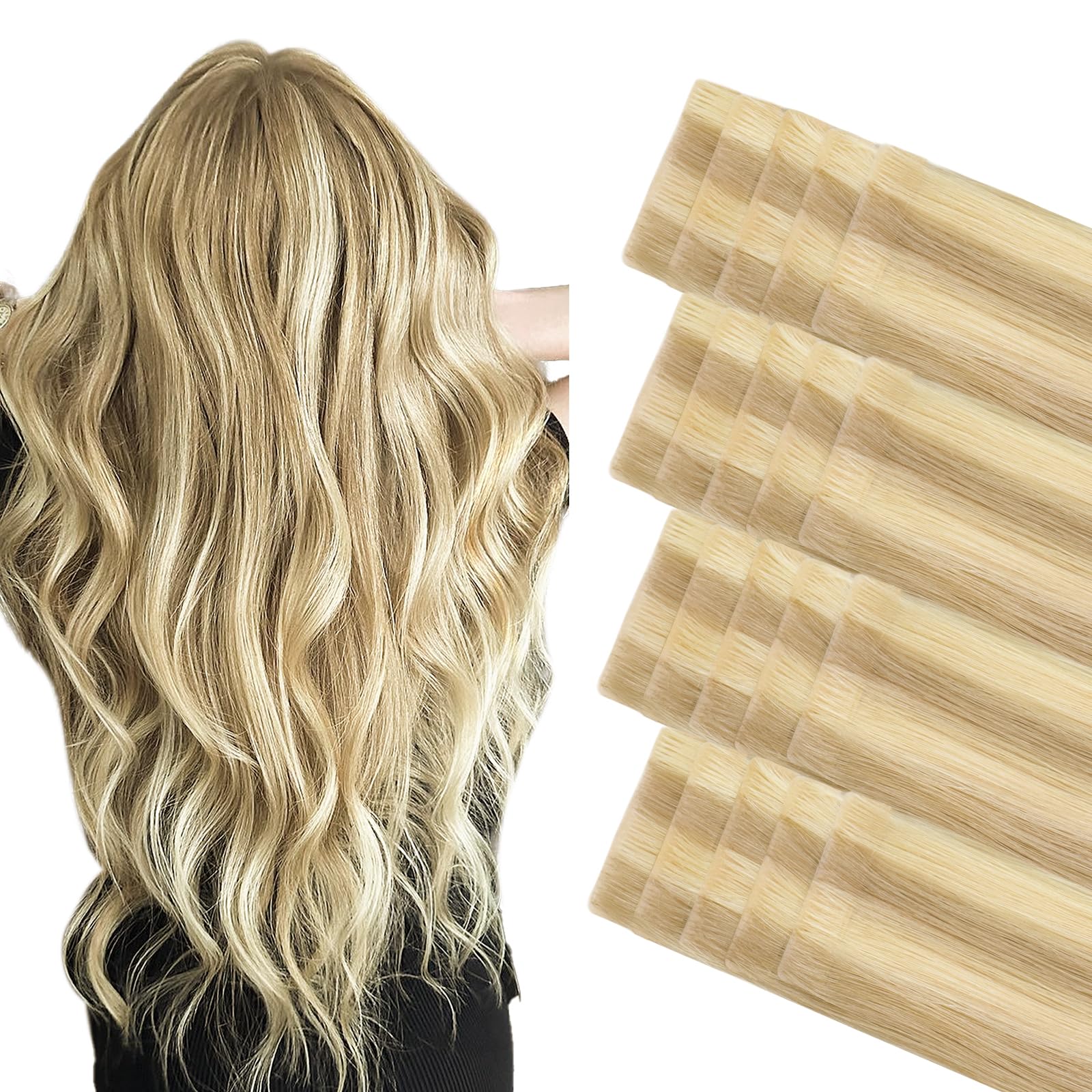 GOO GOO Invisi Edge Tape in Hair Extensions Human Hair, 18D/22F Dirty Blonde Highlights 20pcs 18inch 50g, Virgin Remy Hair, Seamless Injected Tape,
