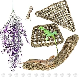 4PCS Hammock for Reptile Tank, Natural Seagrass Bearded Dragon Lizard Lounger Jungle Climber Vines Flexible Reptiles Leaves with Suction Cups Habitat Decor for Lizards Chameleon Gecko Snakes