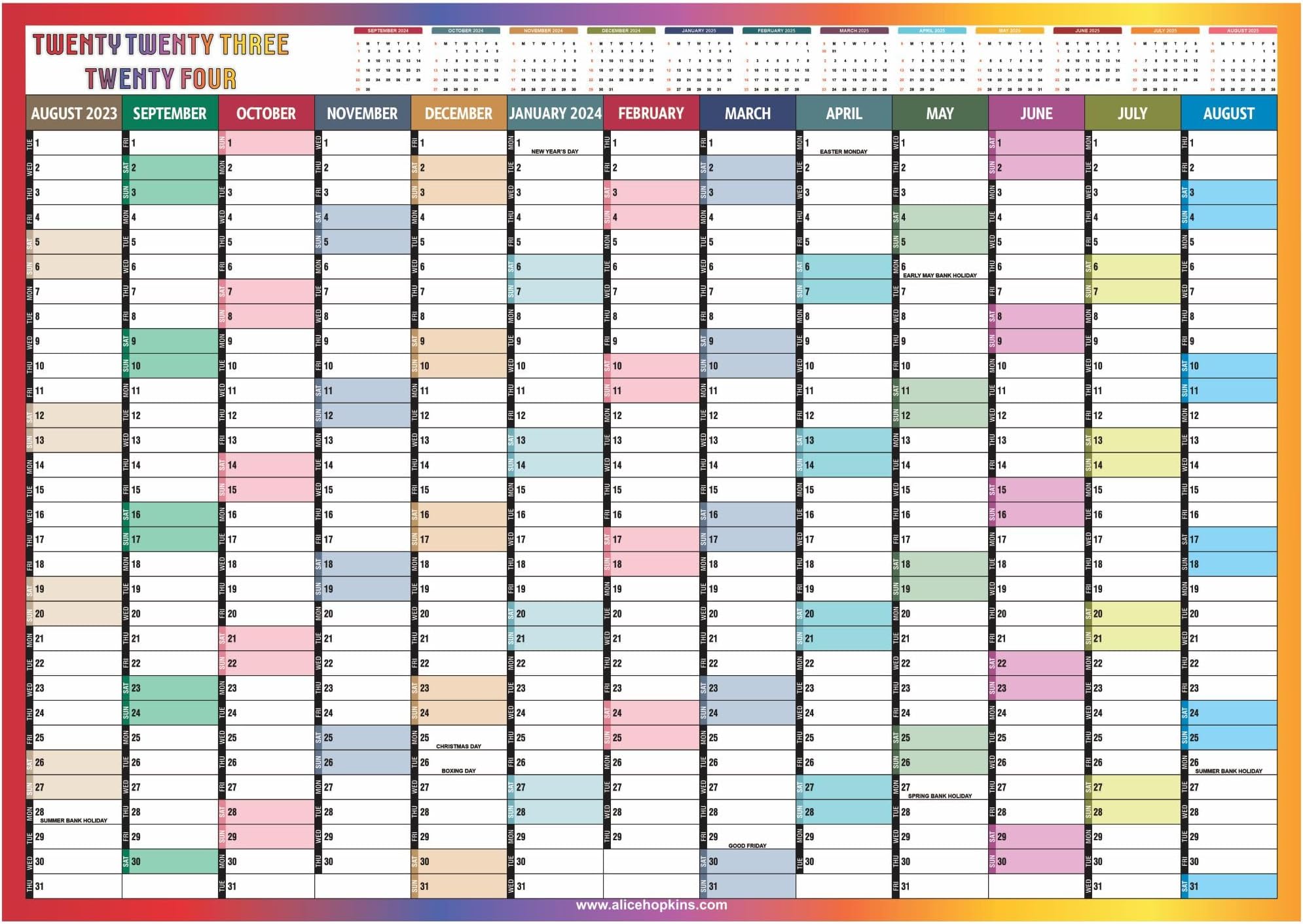 Academic Wall Planner 2023-24 Academic Year Calendar Mid Year Planner Aug to Aug Yearly Study Planning Chart School Full Academic Year Organizer Home Office Work Poster (A3 Multicolor)(1Pc)