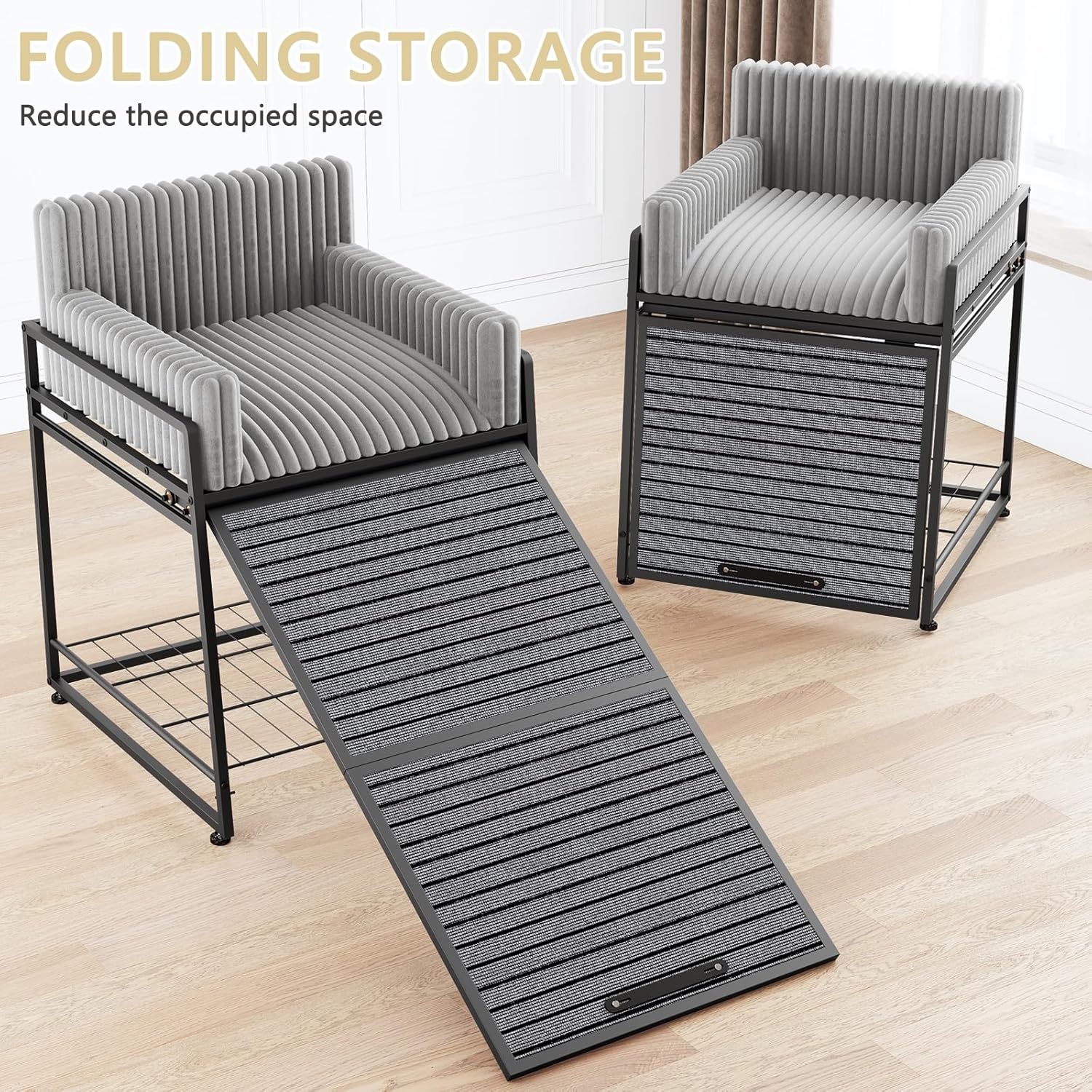 Pet Stairs Ramp with Seat,Dog Window Perch with Stairs and Storage,Dog Seat with Ramp Steps,Folding Pet Ramp for Dogs Cats,Bunk Bed Chair with Sofa Cushion for Bed Couch Office,Hold Up to 110 lbs Grey