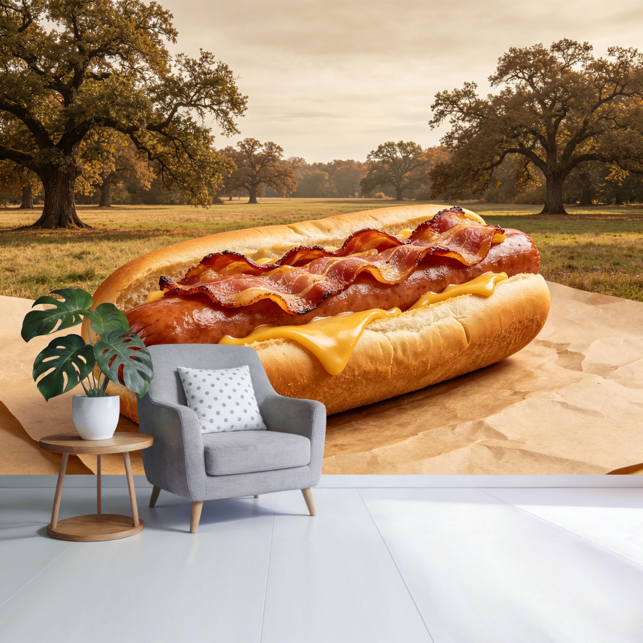 Custom Size Wall Mural Rustic Farmhouse Bacon Cheese Hot Dog Picnic Landscape SelfAdhesive Wall Fabric Removable Wallpaper for Home Office Decor