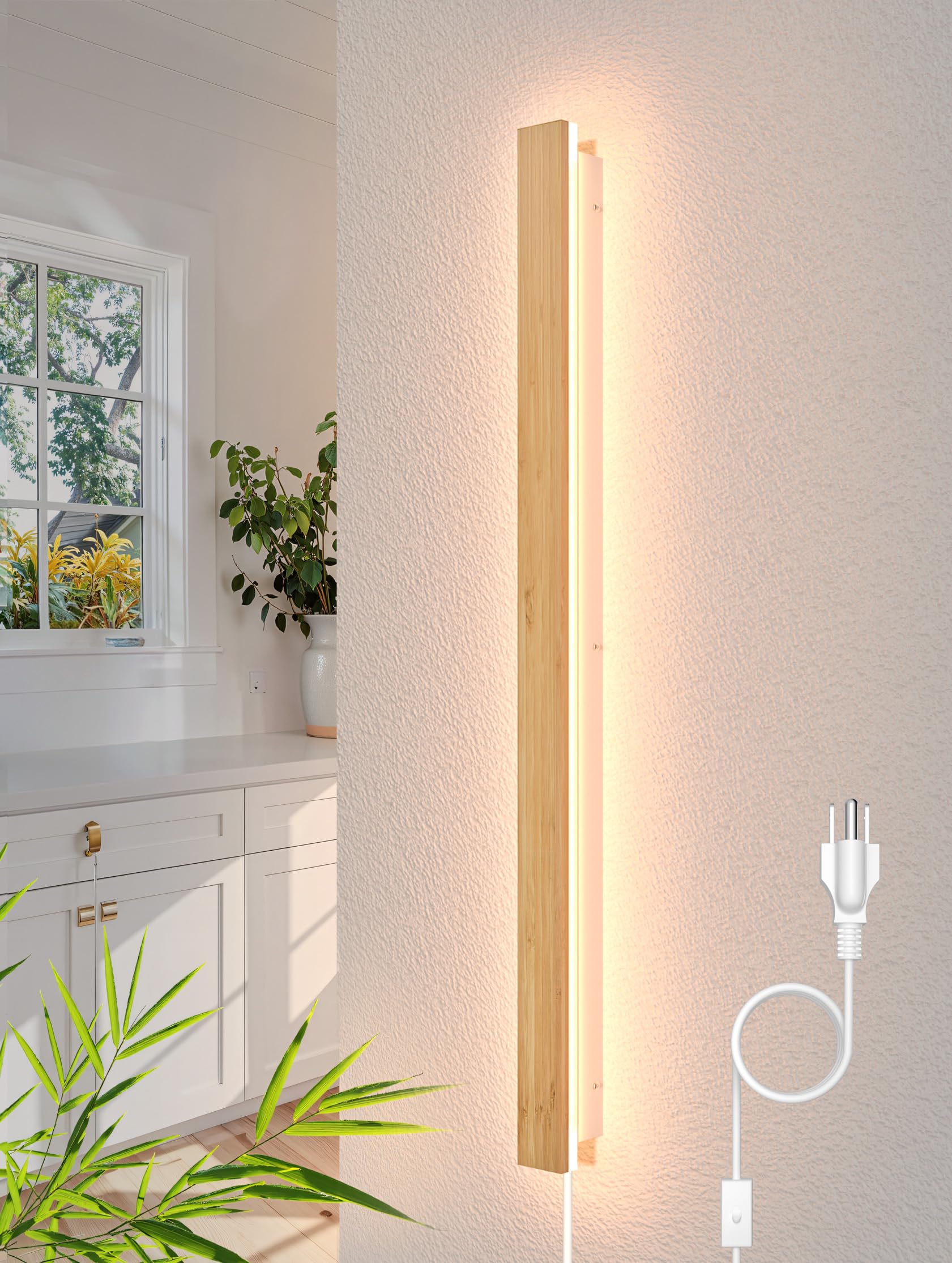 1 Pack Modern Plug in Long Wall Sconce 39.3‘’ LED Bamboo Wall Lights 31W Long Strip Indoor Wall Lamp 3000K with 6.5FT Plug in Cord and On/Off Switch on The Cord for Living Room Hallway Stairwell