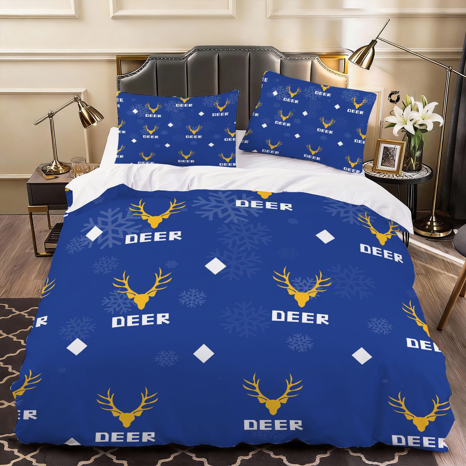3D Deer Elk Duvet Cover Geometry Bedding Double Bed Set, Soft Microfiber Comforter Cover Printed with Zipper Closure Quilt Coverr 200x200 cm and 2 Pillowcases