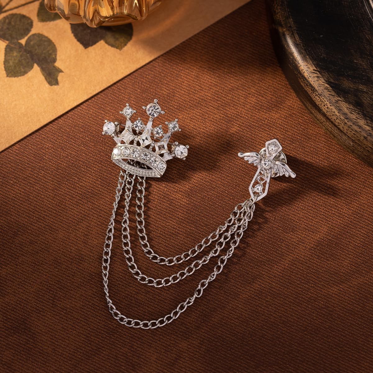 Cross Crown Long Chain Brooch, Rhinestone Tassel Brooch Pin,Retro Crystal Suit Pins Collar Pin,Coat Tassel Chain Lapel Pins for Men's Suit Accessories