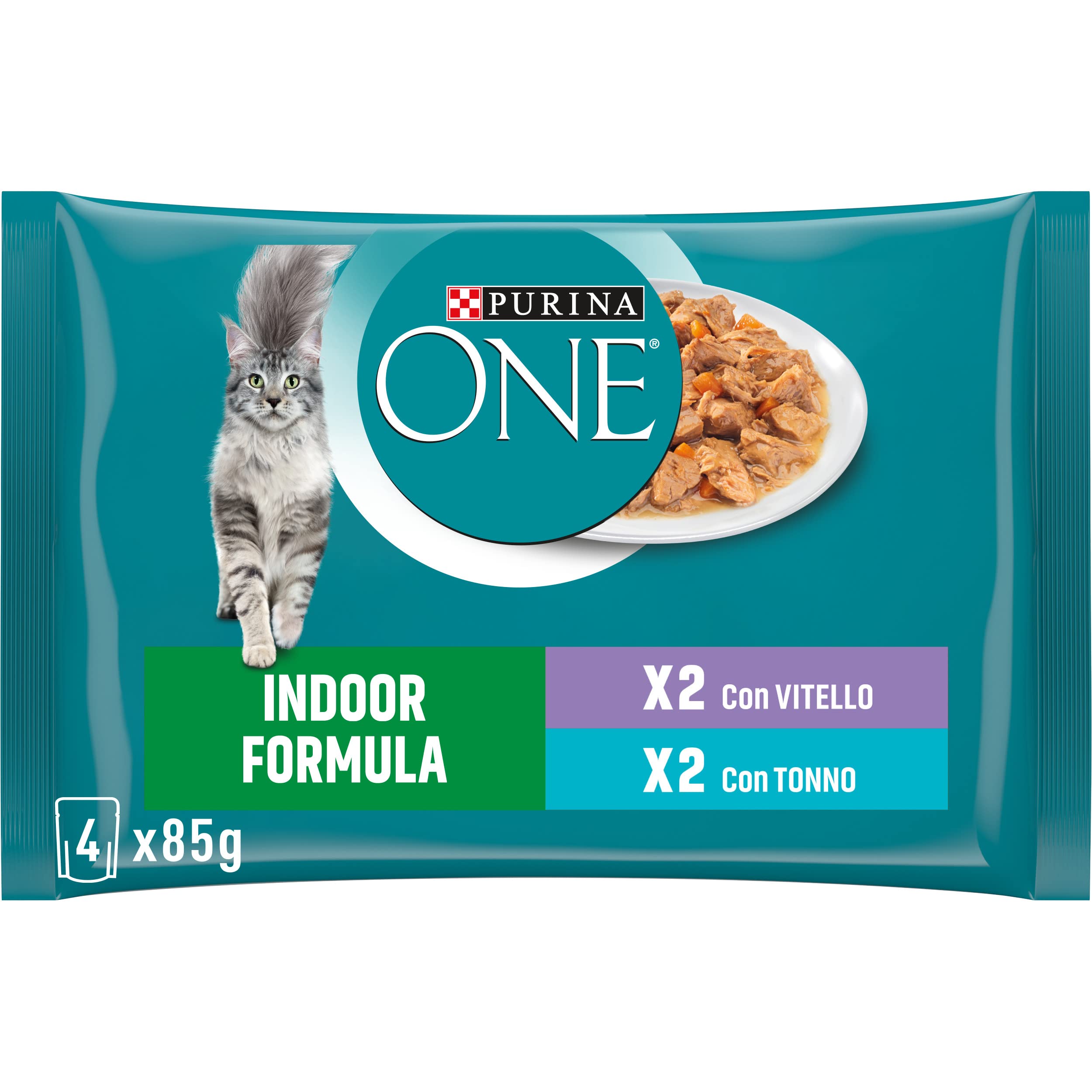PURINA ONE Indoor Formula Cibo Umido per Gatti Adulti Filettini in salsa con Vitello, Tonno e Verdure 48 Buste da 85g | con Vitello, Tonno e Verdure 48 Buste da 85g