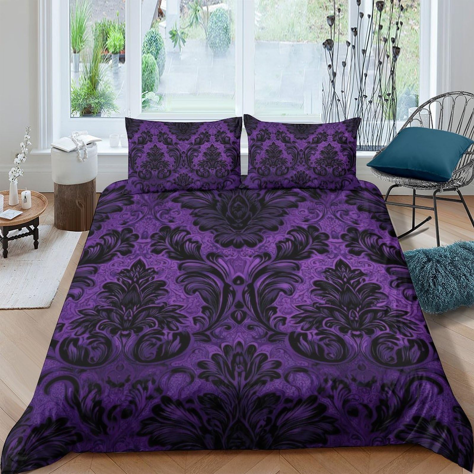 GPLZQXKJNH 3D Printed Purple Baroque Duvet Cover Microfiber Soft Breathable Damask Bedding Set with 2 Pillowcases for Bedroom Decor Single（135x200cm）