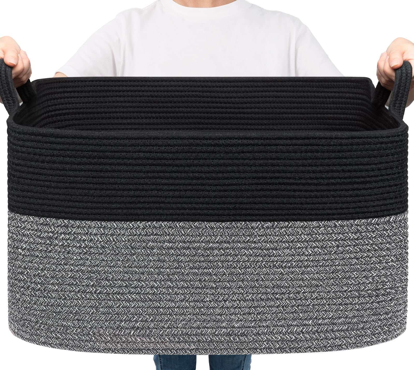 Goodpick Large Woven Rope Blanket Basket, Rectangle, Black &amp; Gray | 21.6'' x 14.9'' x 11.8'' Storage Basket for Toys &amp; Nursery Essentials, Living Room &amp; Bedroom Organization, Reinforced Handles