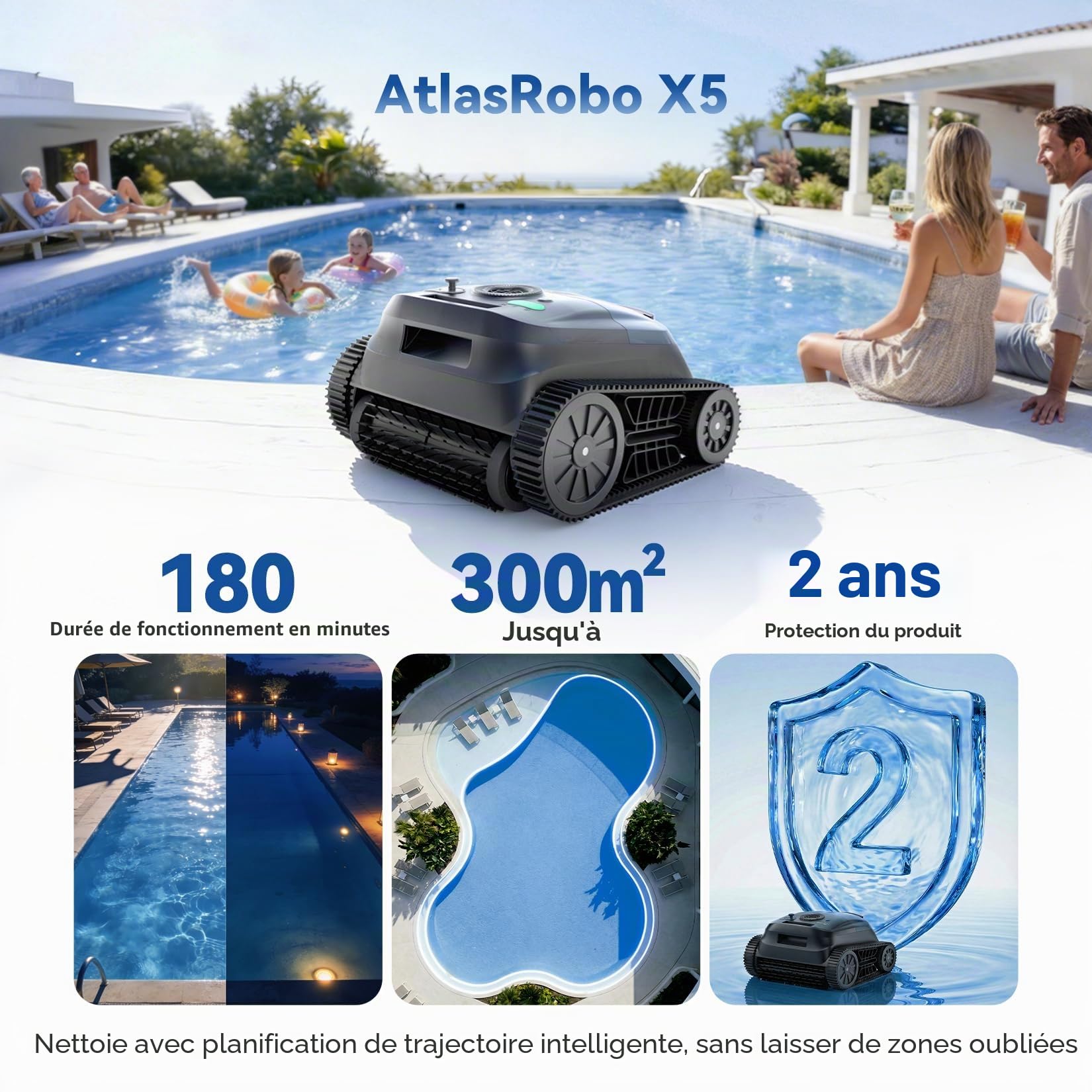 (Upgrade 2026) Pondee X5 Robot de Piscine sans Fil Fond et Parois, Aspirateur 21 m³/h Saugkraft, Navigation Intelligente, 3 Moteurs Brushless, Autonomie 180 Min, Ligne d'eau, Bassins jusqu'à 300m²