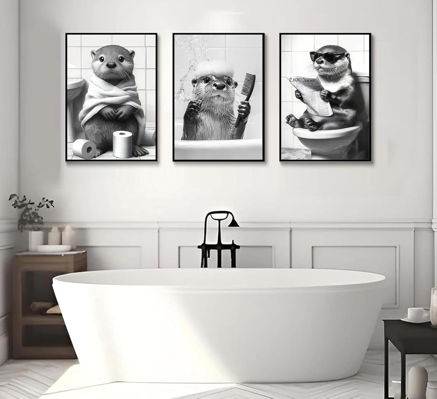3Pcs Cute Otter Canvas Wall Art Black And White Animal Poster Print Funny otter bathing and reading newspaper Picture Painting Wall Decor for Bathroom Restroom Home Decoration Unframed - Image 2
