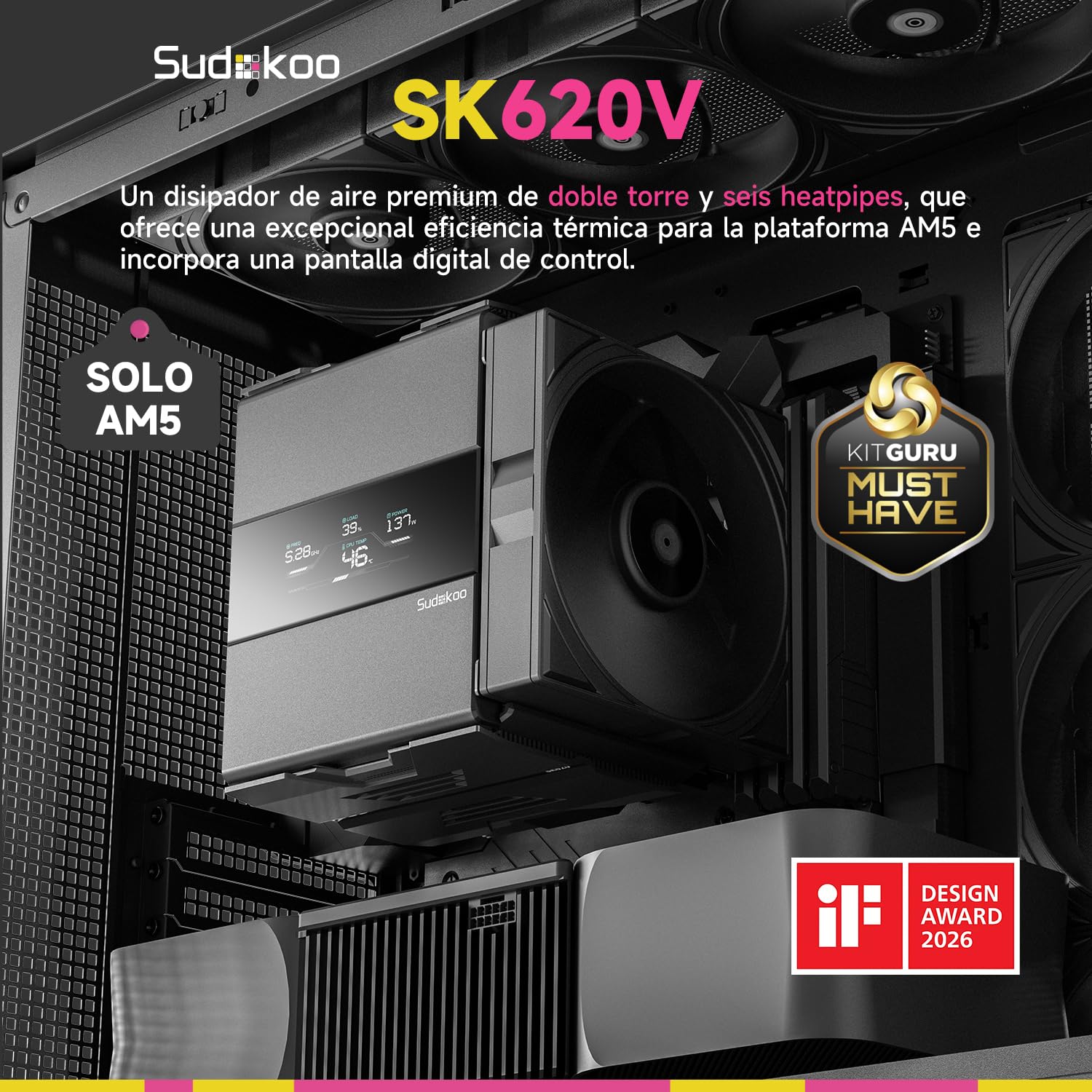 Sudokoo SK620V Disipador CPU AM5: CPU Cooler con Pantalla Digital Solo para AM5 -Doble Torre con Dos PWM FDB Ventiladores de 120mm y 6 HeatPipes, Fácil Montaje Deslizante, 5 Años de Garantía, Negro
