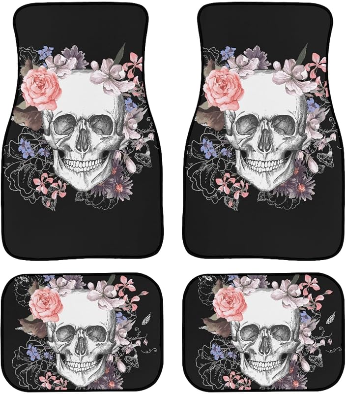 Tapete Automotivo GEMEICHI com Estampa Caveira Floral Rosa e Preta em Poliéster Kit com 4 Peças
