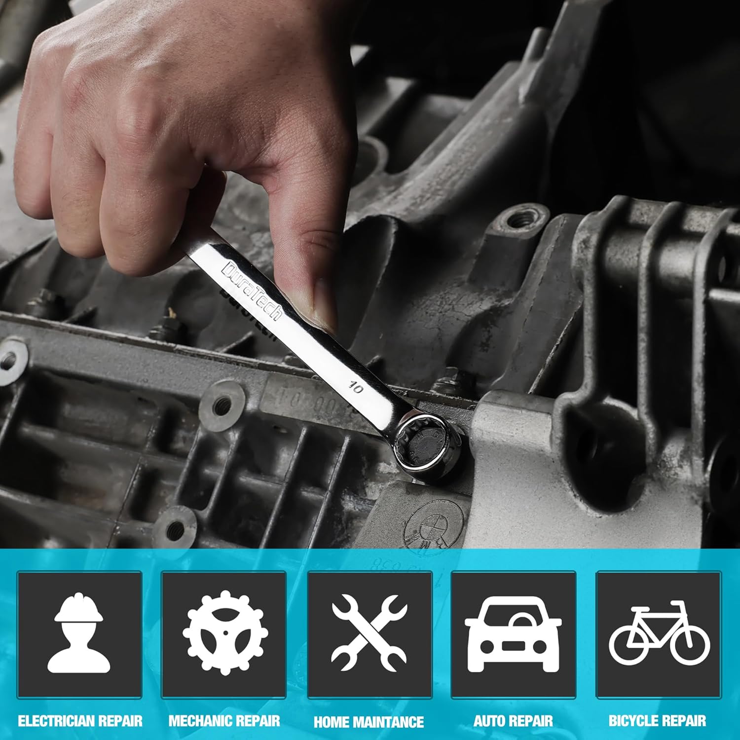 DURATECH 10mm Combination Wrench, Metric, CR-V Constructed with Mirror Polish, 12-Point, 15-Degree Offset