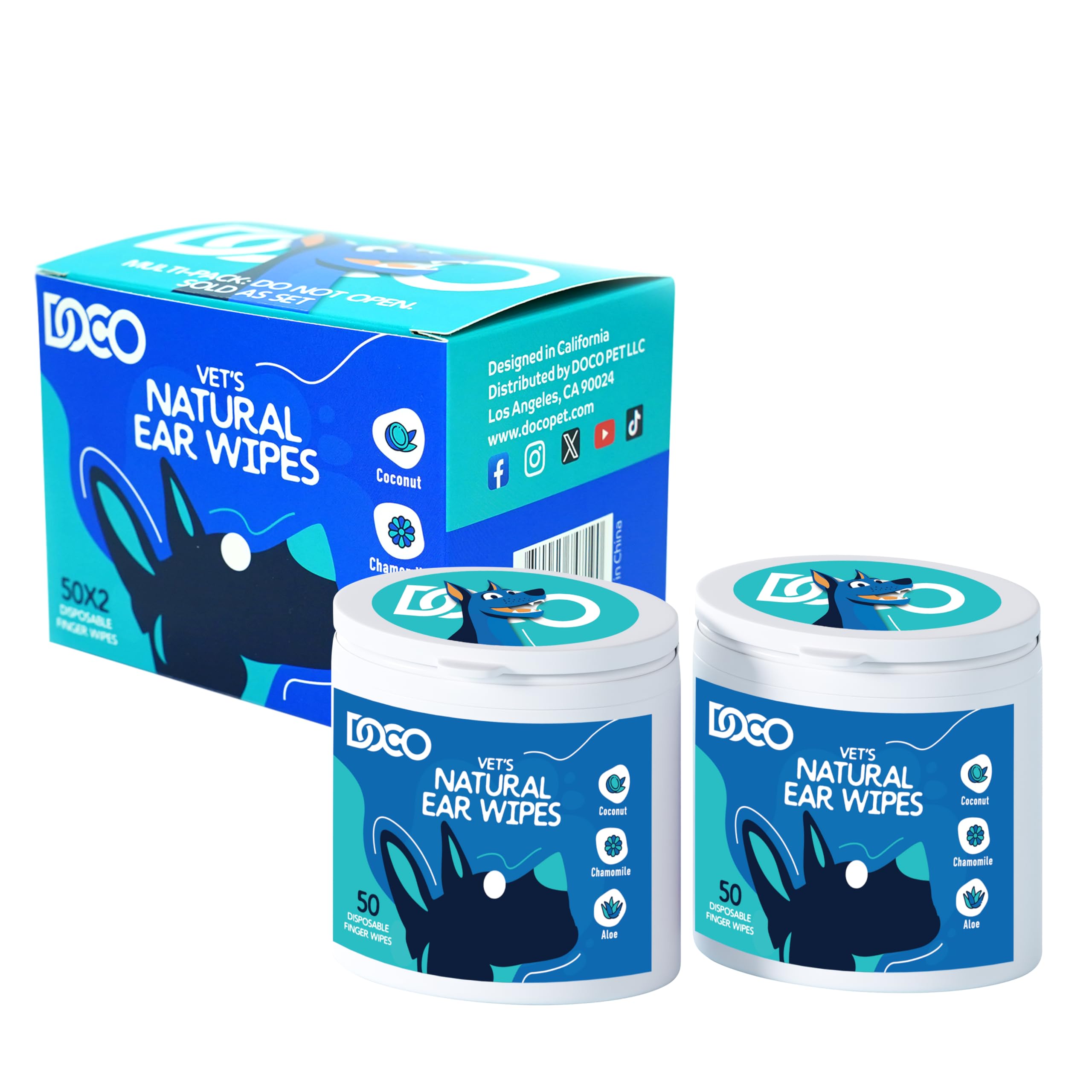 DOCO Dog Ear Cleaning Wipes (100 Count) | Finger Ear Wipes for Dogs & Cats with Eucalyptus, Chamomile & Aloe | Gently Clean, Itchy Ears, Soothes & Deodorizes