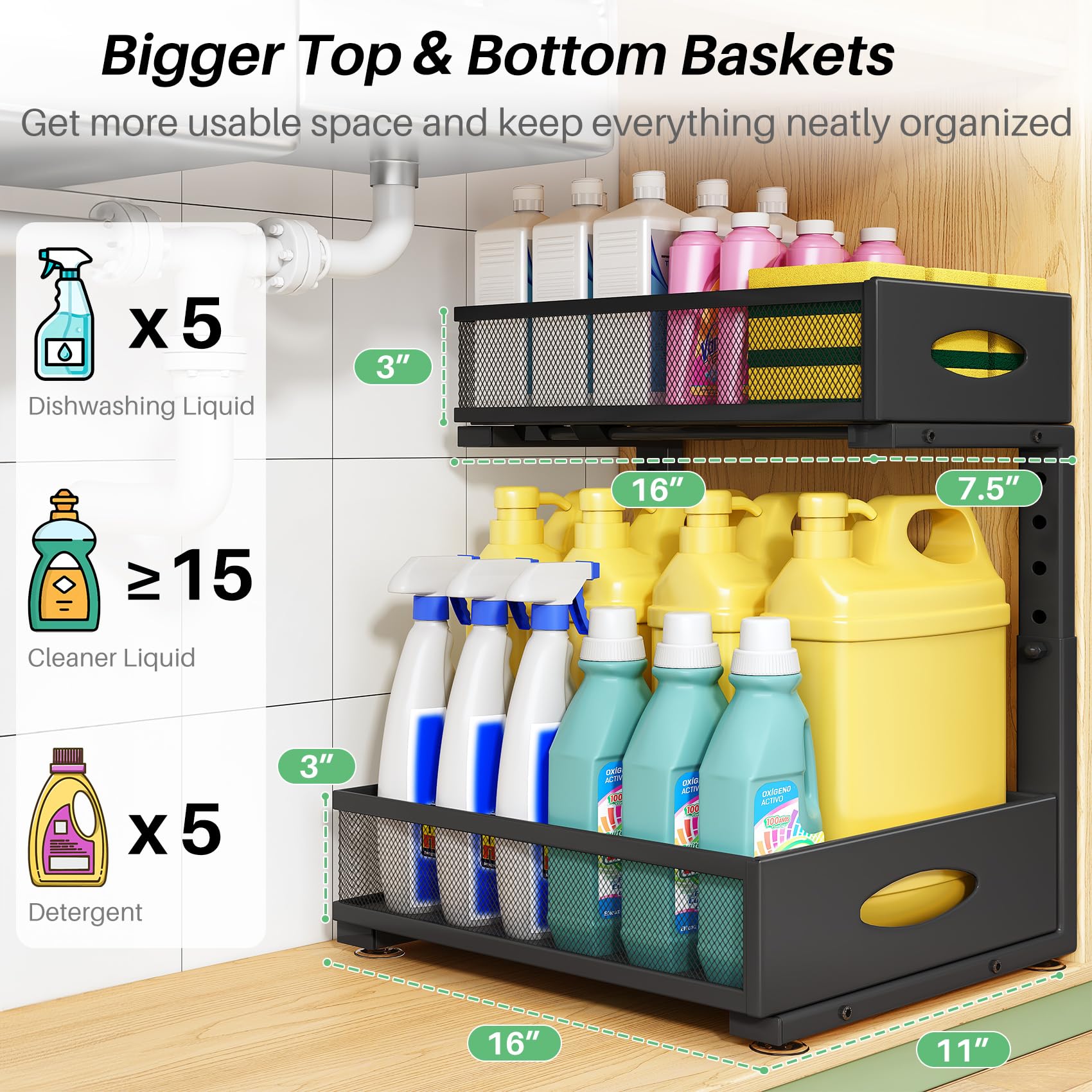 Kitstorack Organizador Bajo Fregadero Extraíble de 2 Niveles, Pack de 2, Cestas de Malla de Gran Capacidad, Estante Ajustable en Altura con Diseño en L para Cocina, Baño y Lavandería, Negro