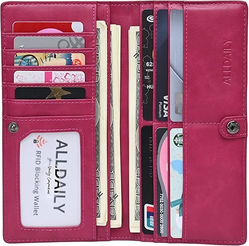 Miniatura 6 de Alldaily Ultra Delgado Fina Cartera para Mujer Bloqueo RFID Titular de Tarjetas de Crédito Bifold Largo Billfold Damas, Fucsia púrpura, Minimalista
