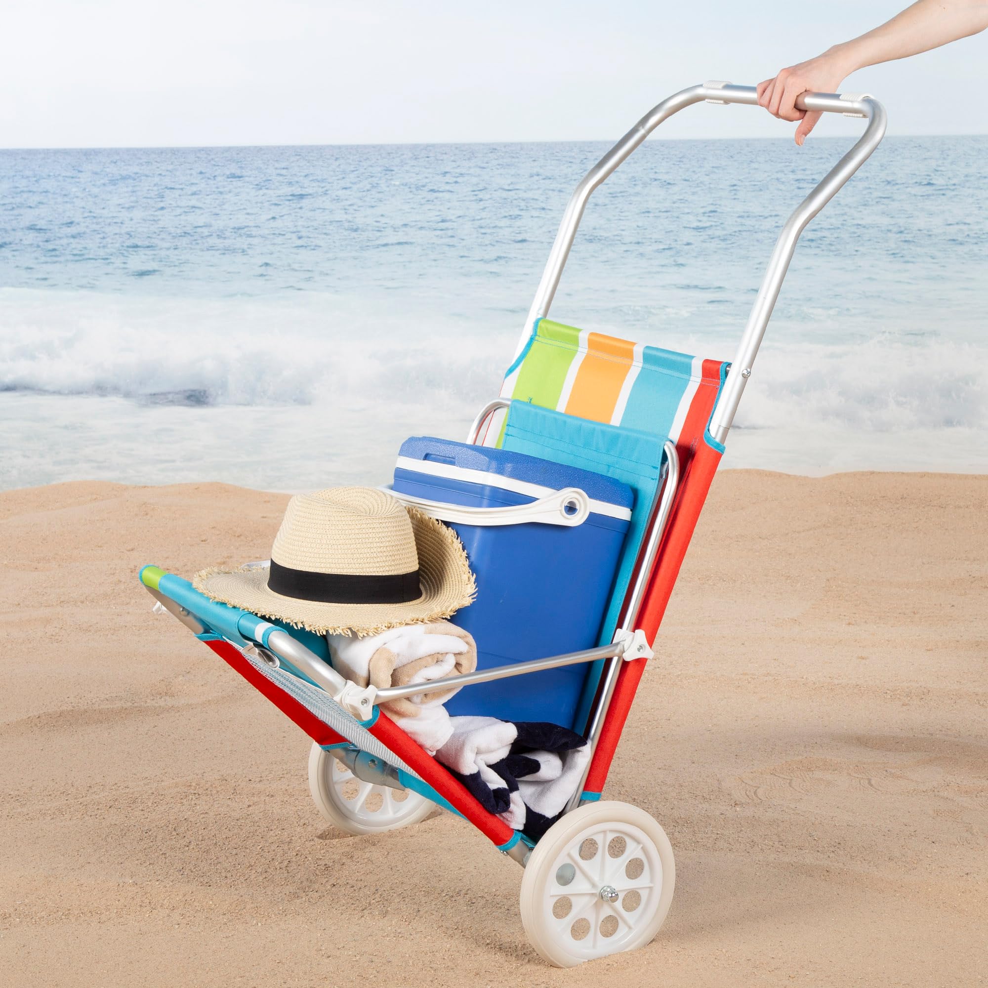 AKTIVE Carrello sdraio da spiaggia, 62x117x62 cm, 2 in 1, Include ombrellone rimovibile, Cuscino imbottito, Tasca in rete, Telaio in alluminio, Tessuto in poliestere