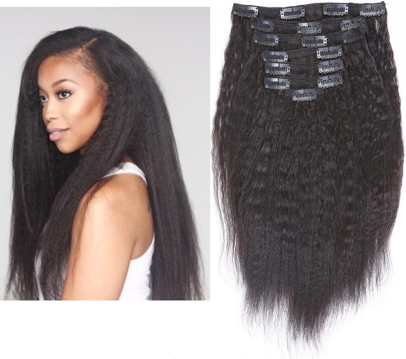 Anrosa Afro Kinky Clip ins Natural Hair Yaki Hair Human Hair Kinky Straight Clip in Hair Extensions Real Remy Hair Color 1B Natural Black Volume for Black Women 20 Inch 120 Gram