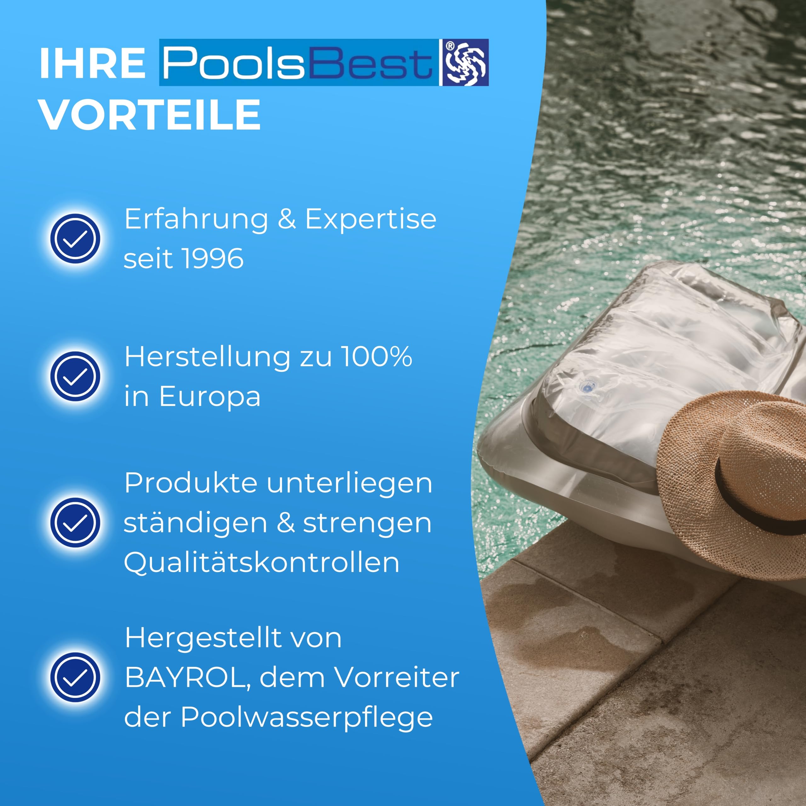 PoolsBest Pool Starter Set 5 in 1 I Pool-Reinigungsset komplett zur Wasserpflege I Pool Zubehör Set für Einsteiger I Mini-Multitabs, Dosierschwimmer, Pooltester, pH-Senker, Chlorgranulat & Anleitung
