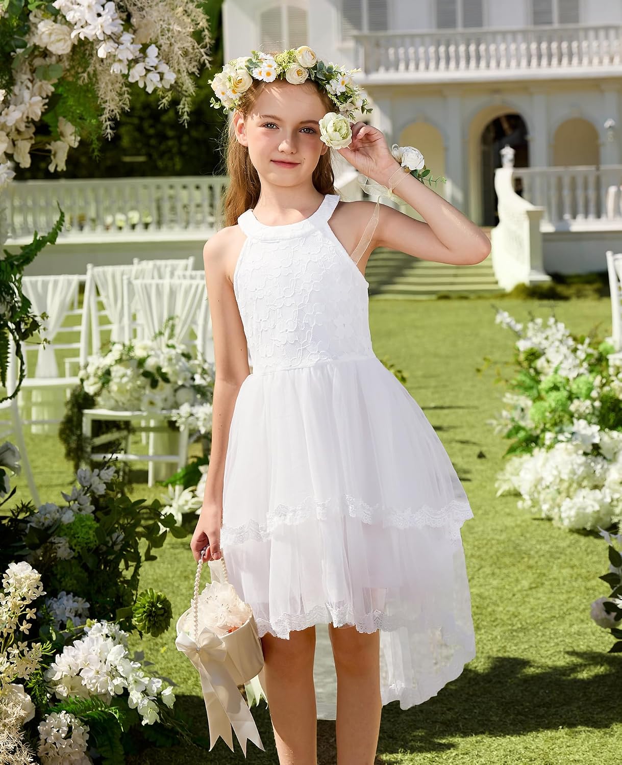 GRACE KARIN Flower Girl Dress Kids Wedding Guest Birthday Party Formal Lace Tulle Princess High Low Dresses 5-10Y