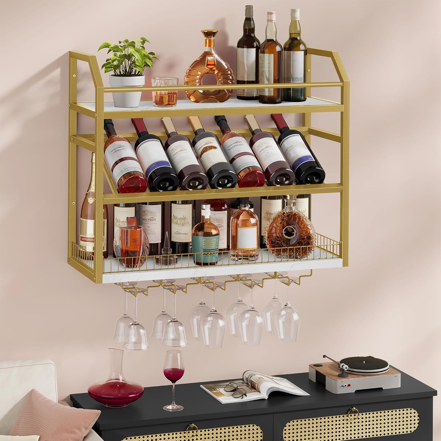 Hoctieon Wall Mount Wine Rack, Wall Mounted Wine Bottle Rack for Display and Storage, Hanging Bottle Holder, for Living Room, Dining Room, Bar, Wine Cellar, Gold&White